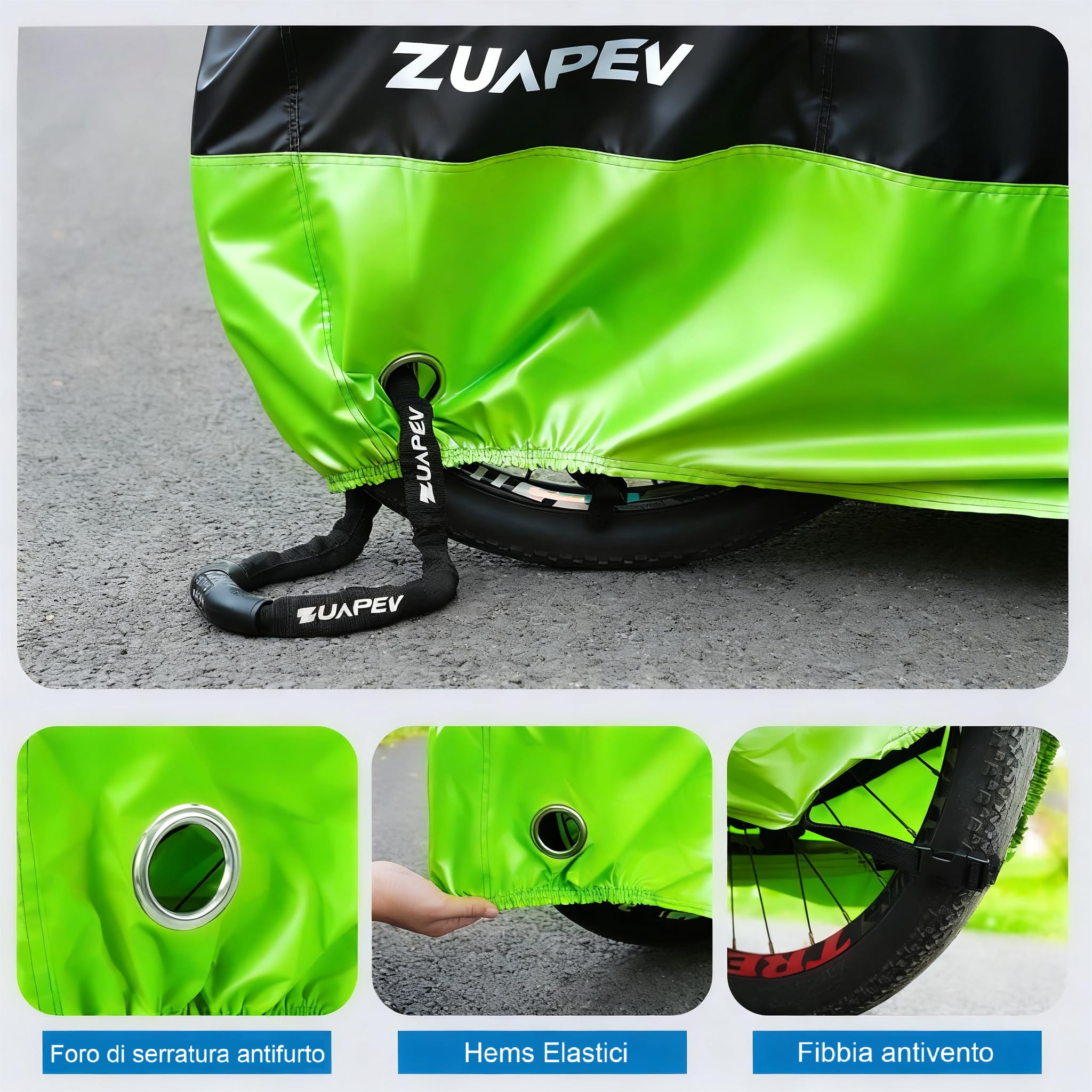 ZUAPEV Telo Copri Bicicletta da Esterno Impermeabile, Telo Copribicicletta Esterno 210D Copertura Biciclette, Copribici Pioggia Custodia Bici de Corsa/MTB/Elettrica/Pieghevole/Bambino,195x70x110cm