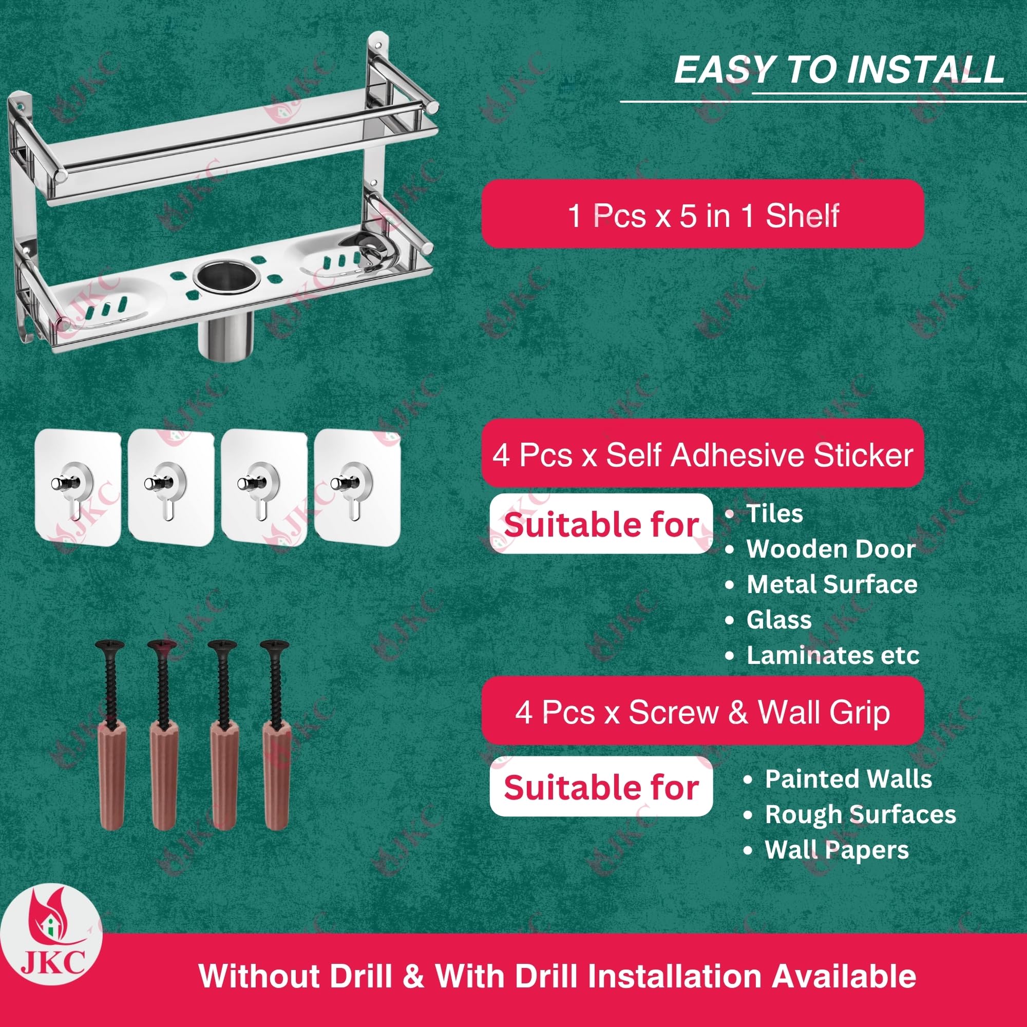 JKC Multi-Purpose Bathroom Organizer Shelve Includes Soap Dish & Toothbrush Holder - Ideal for Bathroom Organiser Without Drill, Bathroom Shelves & Accessories, Bathroom Organizer 3