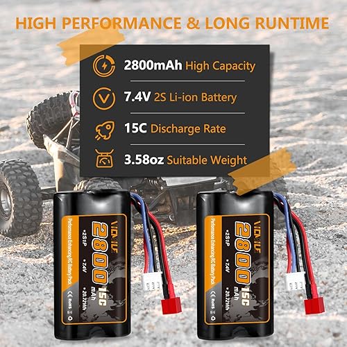 Miniatura 3 de Batería de iones de litio de 7.4 V, 2800 mAh, batería RC de alta capacidad con enchufe en T estilo Dean 2S recargable con 1 a 2 cargador USB apto