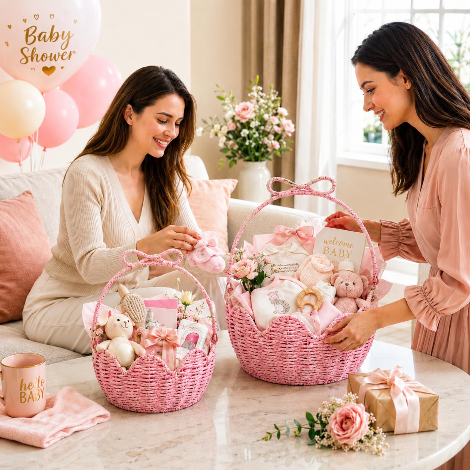 FoldTier 2 Stück rosa Oster-Geschenkkorb leer mit Griff, gewebtes Papierseil, Osterkorb zum Verschenken, Aufbewahren, Versammeln, Futtersuche, Gartentrug, Dekoration, groß und mittelgroß, 30,5 x 25,4