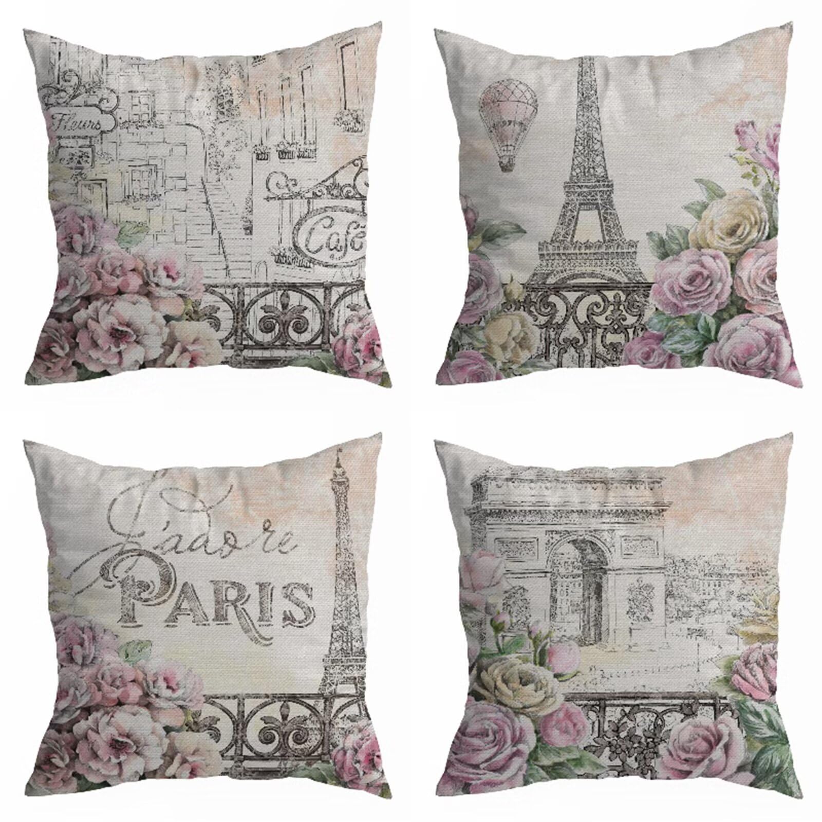 Juego de 4 Funda Cojin 60x60cm Fundas Cojines Sofa Vintage Doble Cara Suave Cojines Exterior Impermeable EiffelTower Cuadrado Funda de Almohada para Sofá Coche Cama Sillas Cojines Decorativos S-8161