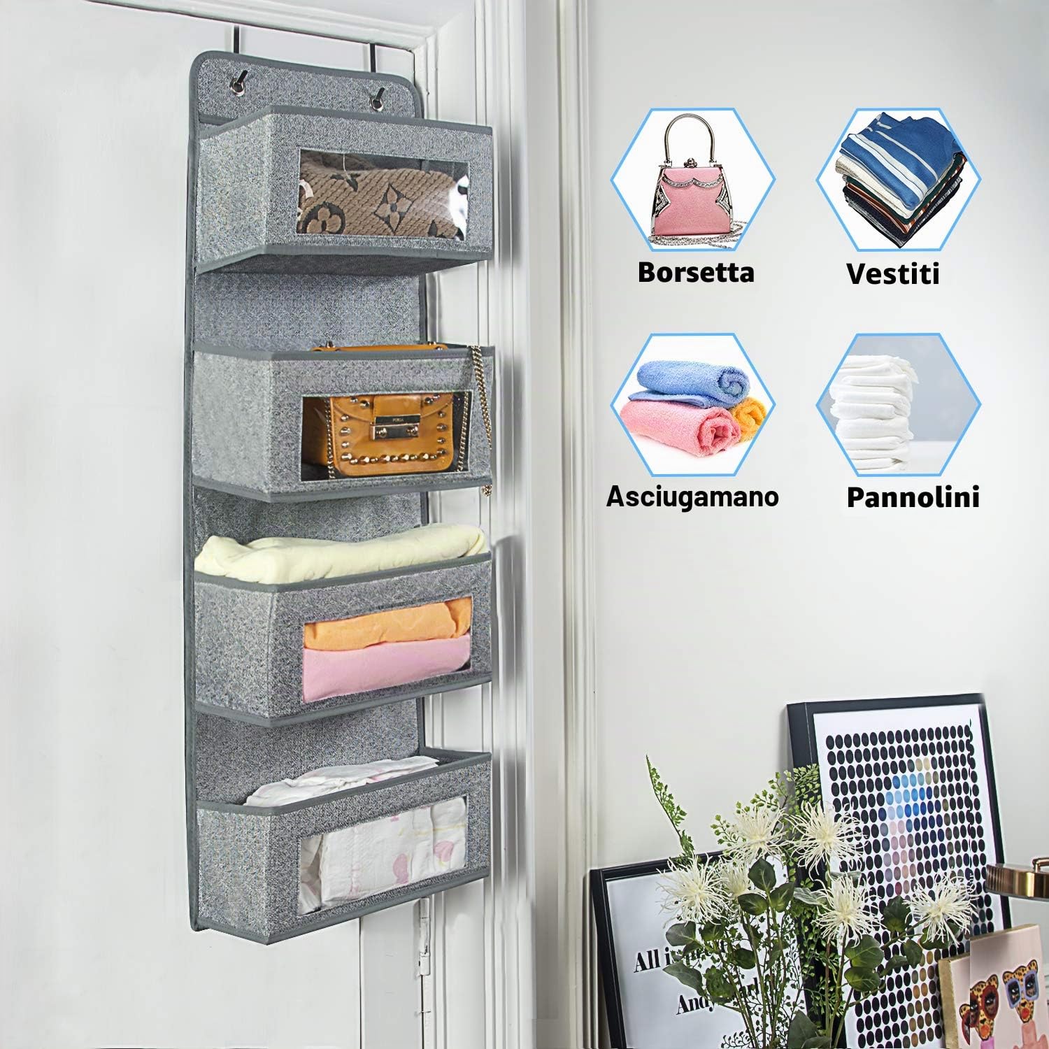 BrilliantJo Portaoggetti da Appendere con 4 Tasche in Tessuto, Organizzatore da Porta con grande finestra trasparente, Organizer Armadio Porta Oggetti da Appendere, Grigio-bianca