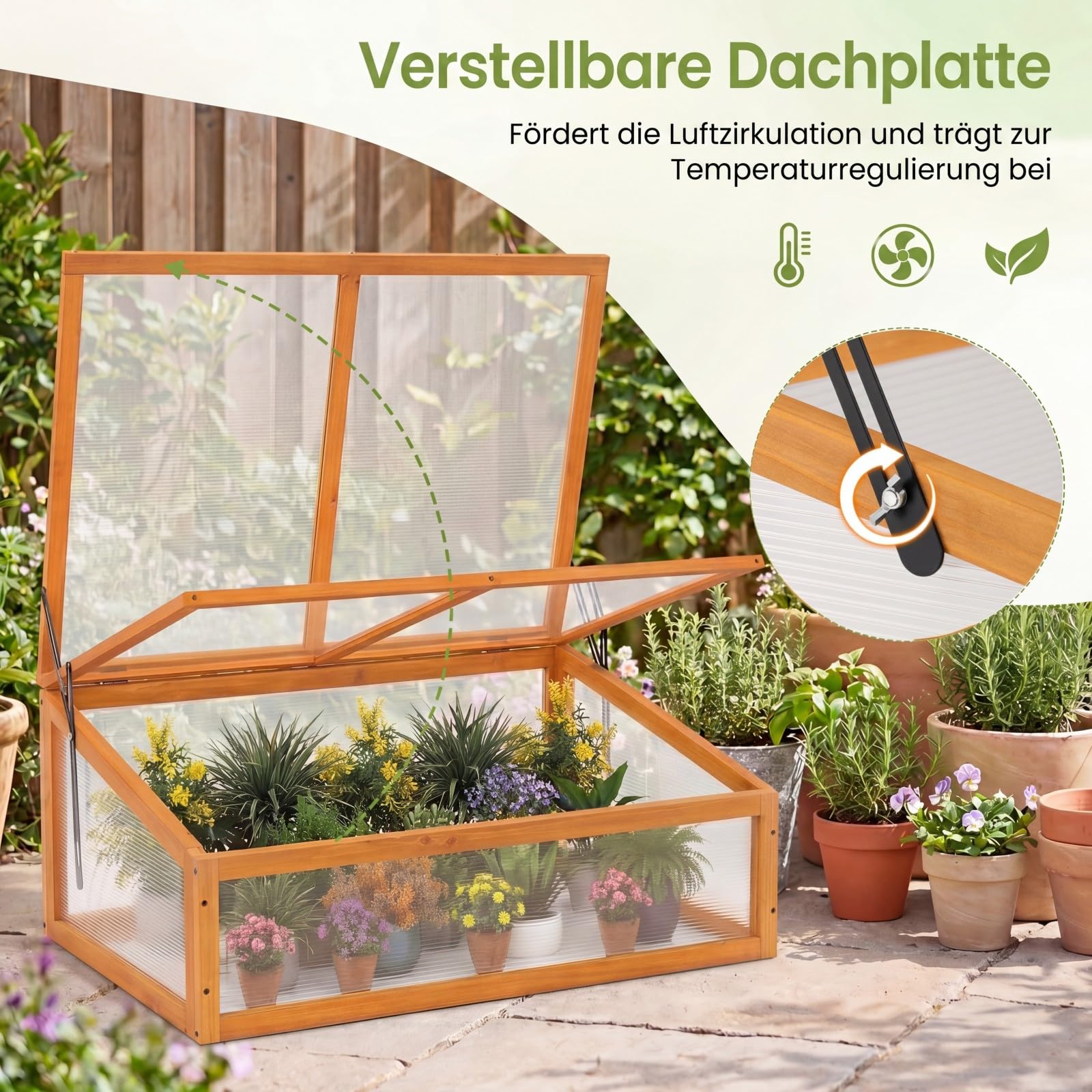 GYMAX Frühbeet Holz, Frühbeetaufsatz mit klappbares Dach, Fruhbeet Gewachshaus, Frühbeetkasten Aufsatz, Pflanzkasten für Balkon & Terrasse, 94 x 63 x 40 cm (Orange)