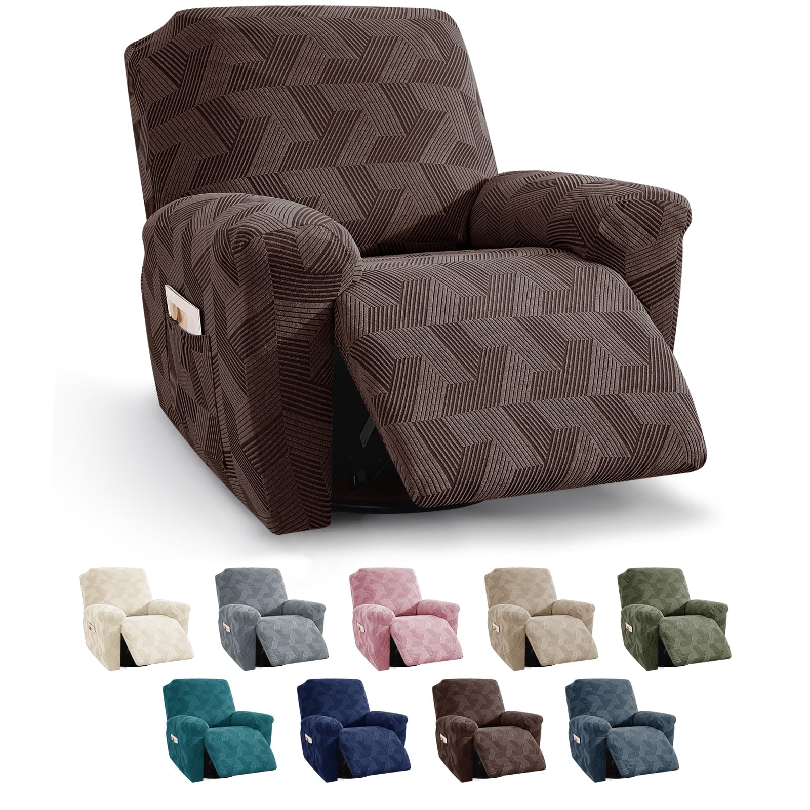 XINEAGE Recliner Chair Covers,3 Pieces Recliner Covers Geometrical Jacquard, Stretch Lazy Boy Recliner Slipcovers with Elastic Bottom for Pet, Kids (Recliner, Brown)