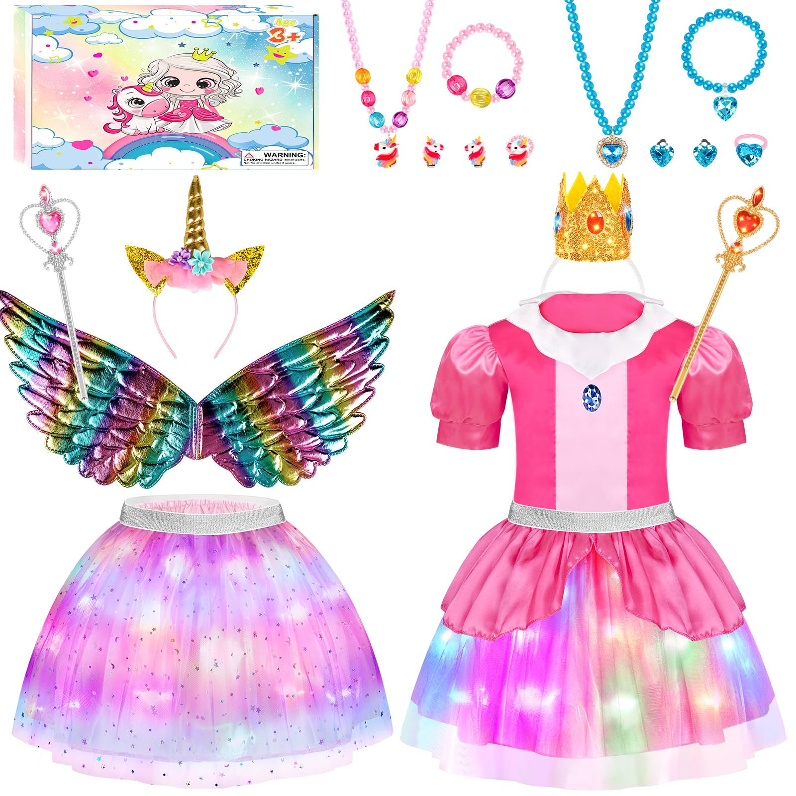 Toddlers Light Up Princess Dress Up Clothes for Little Girls 3-6, Unicorn & Peach Kids Dress Up Princess Costume with Tutu, Wing, Play Jewelry, Kid Pretend Play Princess Toys Gift for Girls Toddler