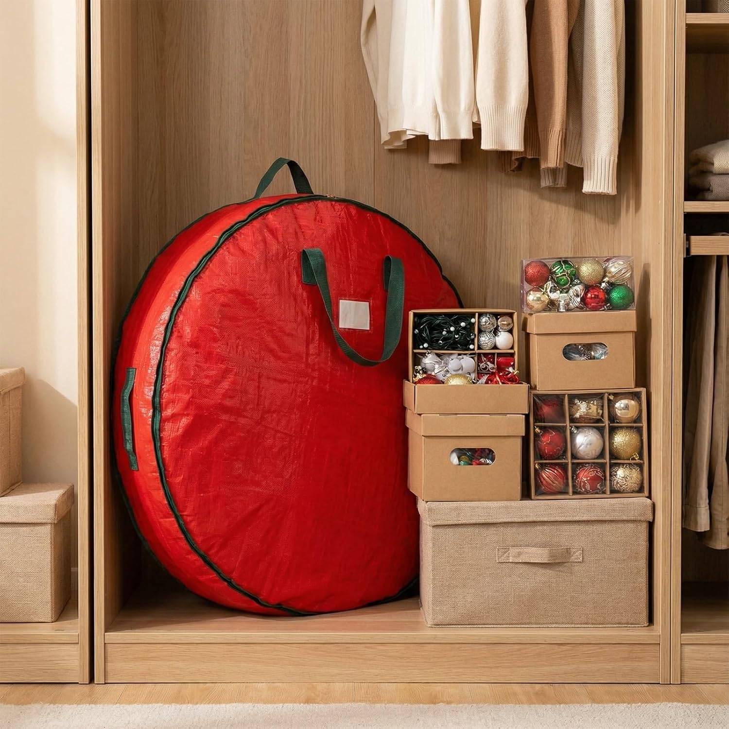 2 Pcs Wreath Storage Container，Christmas Storage Container 24 inch and 30 inch with Dual Zipper and Reinforced Handles, Durable Wreath Storage for Holiday Decoration(Red