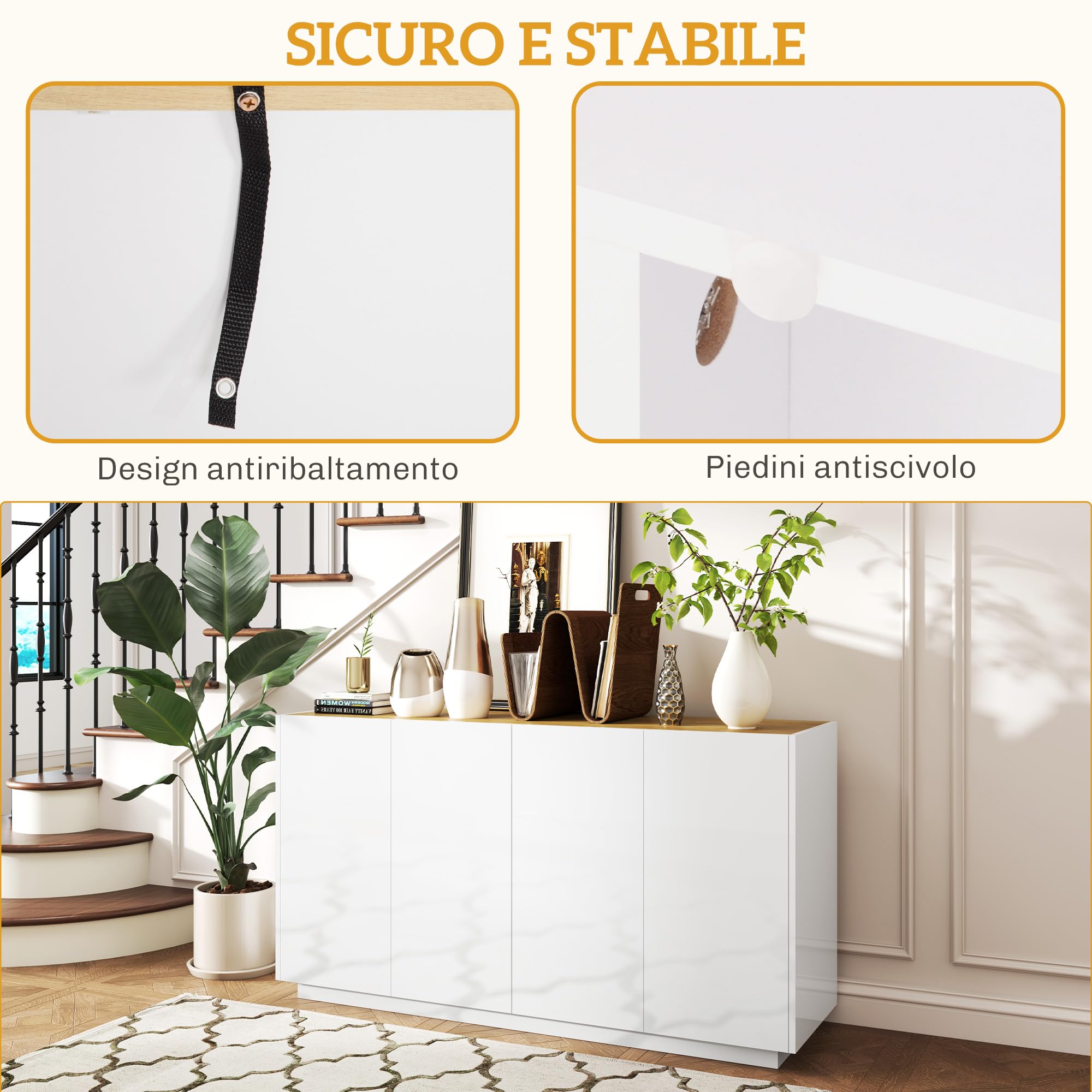 HOMCOM Credenza Soggiorno con Armadietti a 2 Ante, Madia Soggiorno Moderna con Ripiani Regolabili e Chiusura Ammortizzata, per Sala da Pranzo e Soggiorno e Salotto, 140x40x75 cm, Bianco Lucido