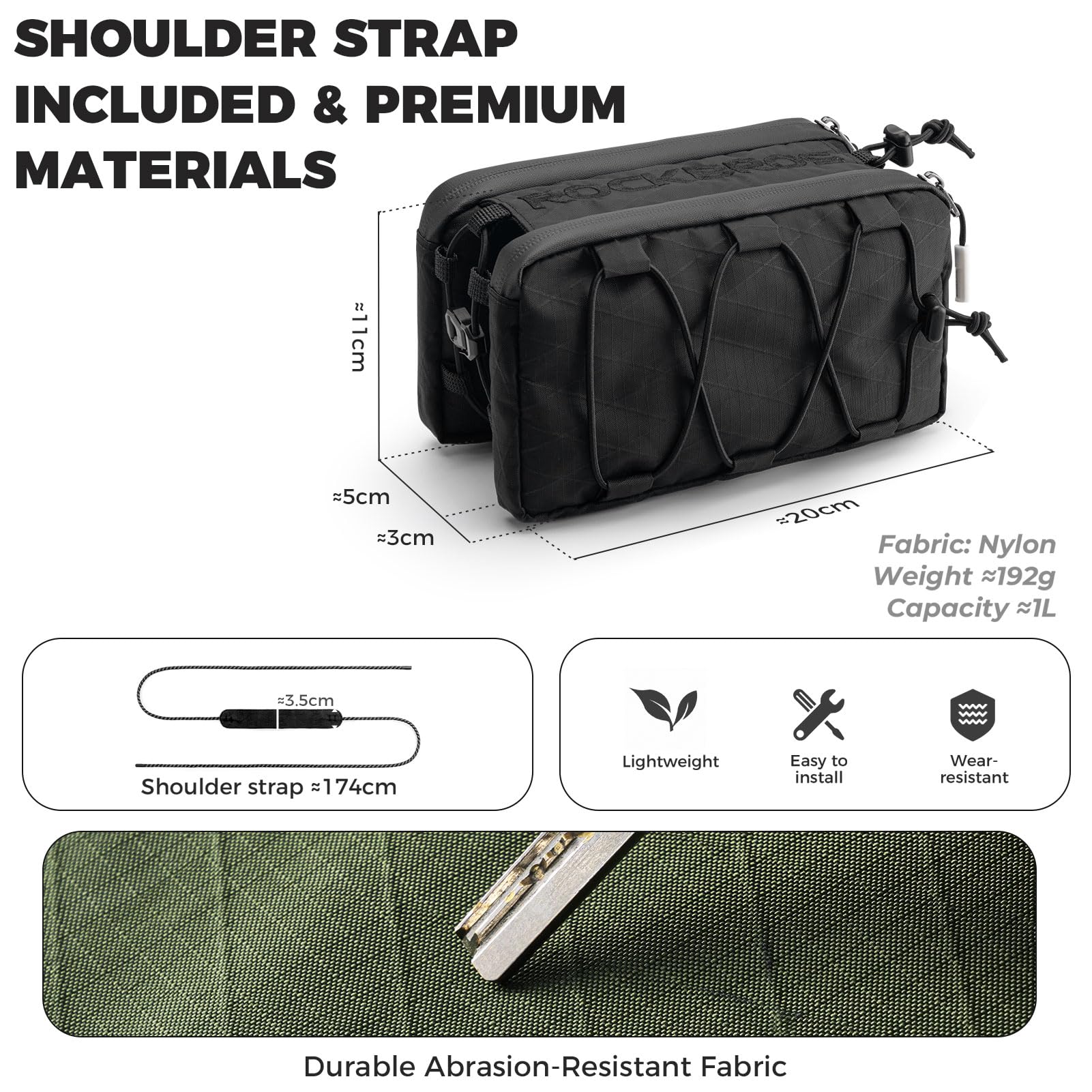 ROCKBROS Borsa Telaio Bici 1 L, Borsa da Bicicletta Tubo Superiore 2 Tasche Laterali, con Cordino Elastico Laterale con Tracolla, per Bici da Corsa MTB Trekking Commuting, Nero