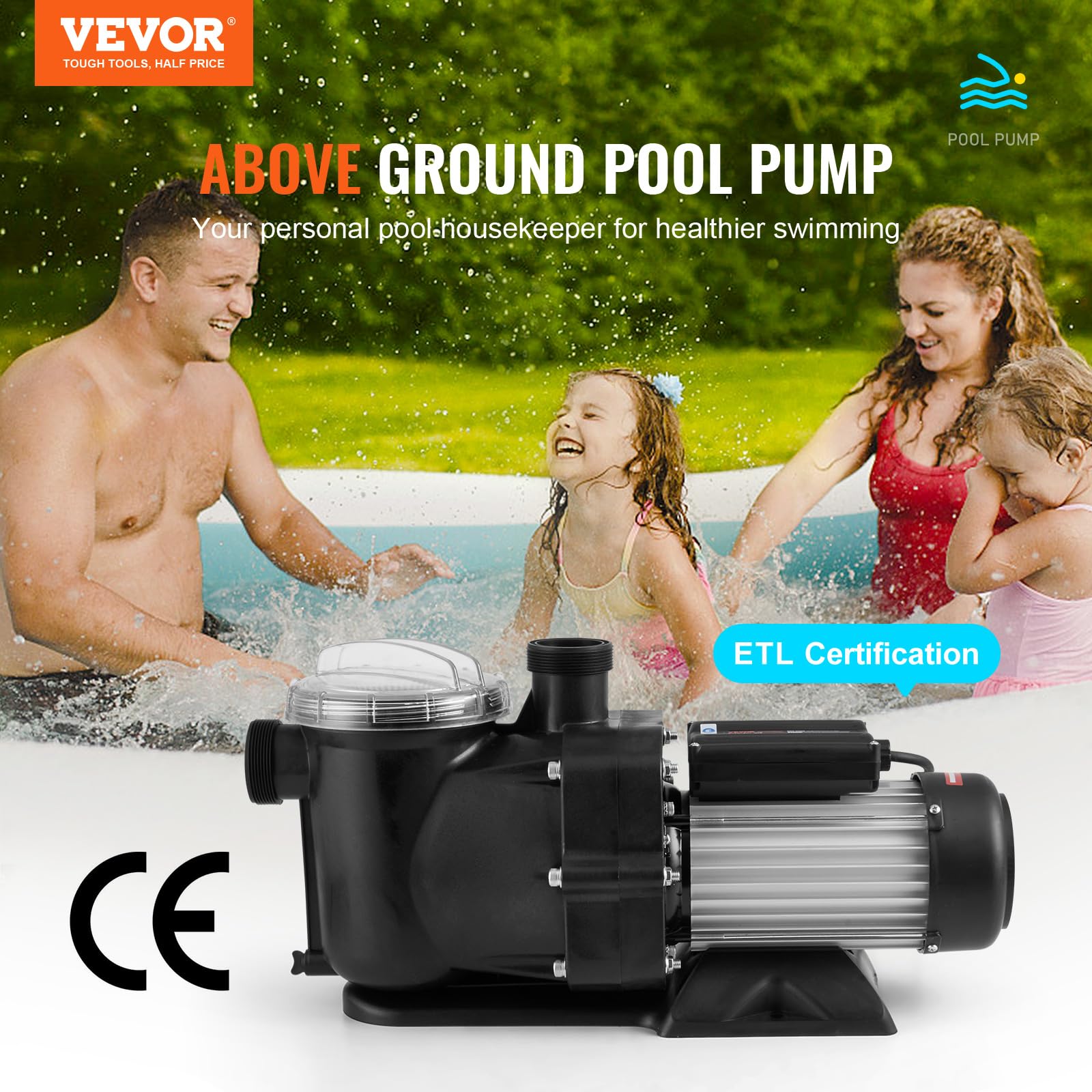 VEVOR Pompa basenowa 1,5 KM, maks. przepływ, 100 GPM, pojedyncza pompa basenowa, 220 V, 2850 obr./min, maks. wysokość tłoczenia 15 m, pompa filtrująca z koszem filtrującym, do basenów rozkładanych,