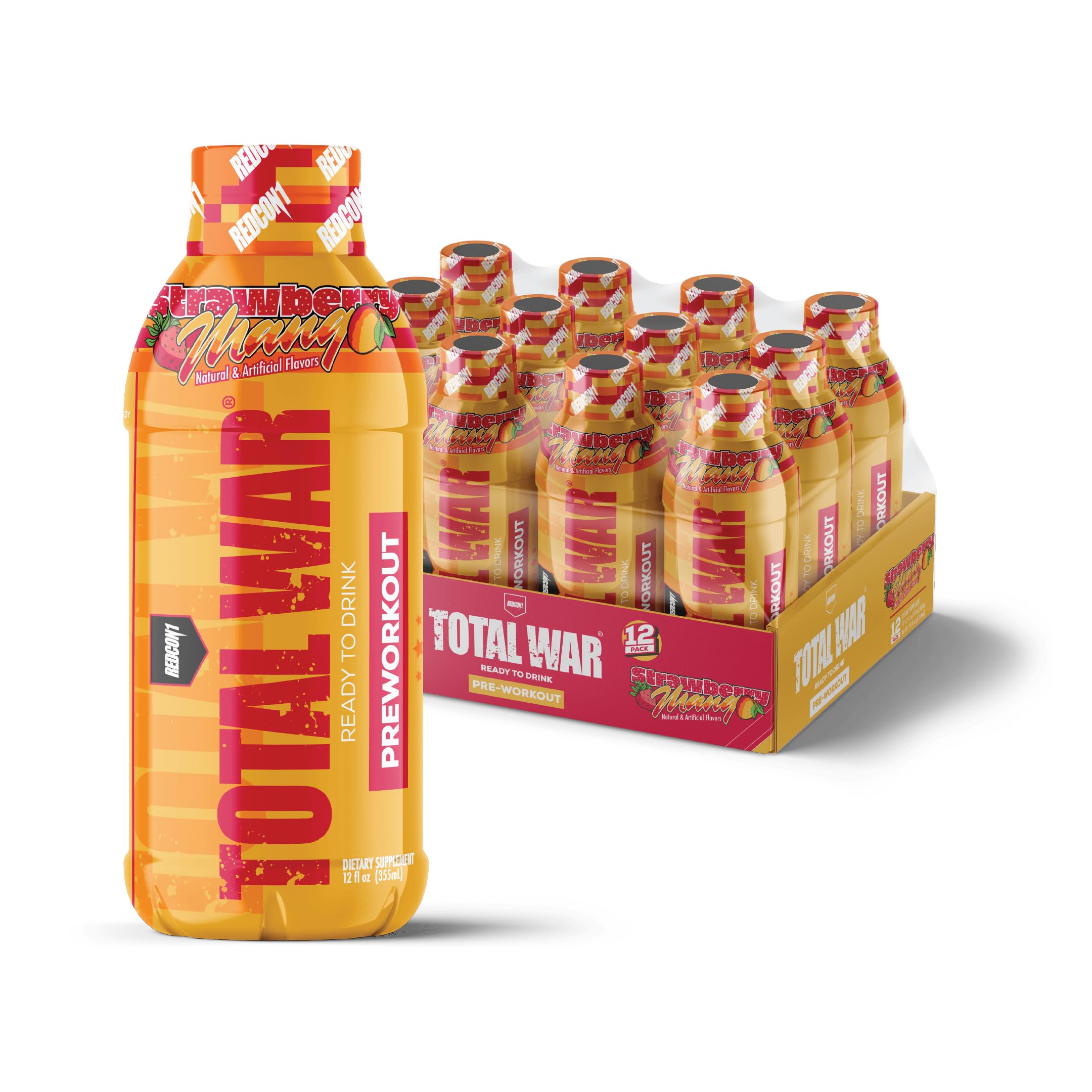 REDCON1 Total War Ready to Drink Preworkout, Strawberry Mango - Beta Alanine + Citrulline Malate Pre Workout Drink with Taurine & 350mg of Caffeine - Vegan & Keto Friendly Workout Drink (12 Pack)