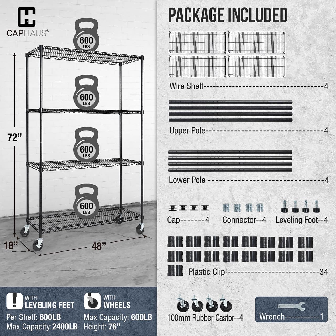 Fencer Wire NSF Heavy Duty Commercial Adjustable Wire Shelving w/Wheels & Leveling Feet, Kitchen Storage Metal Shelf, Garage Storage Shelving, Utility Wire Rack Storage, Black 48 x 18 x 76 4-Tier
