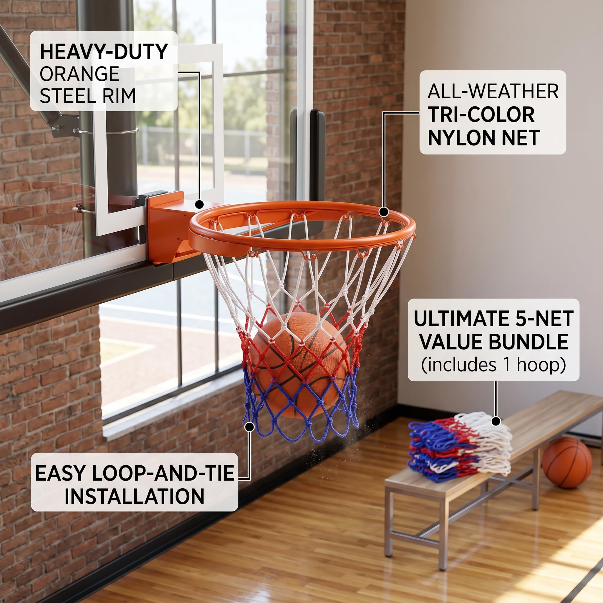 Rete Canestro Basket 4 Pezzi, Retina da Basket 52 cm con 12 Anelli, Ricambio per Canestro Standard in Blu Rosso Bianco, per Campo Interno Esterno, Scuola, Parco e Casa