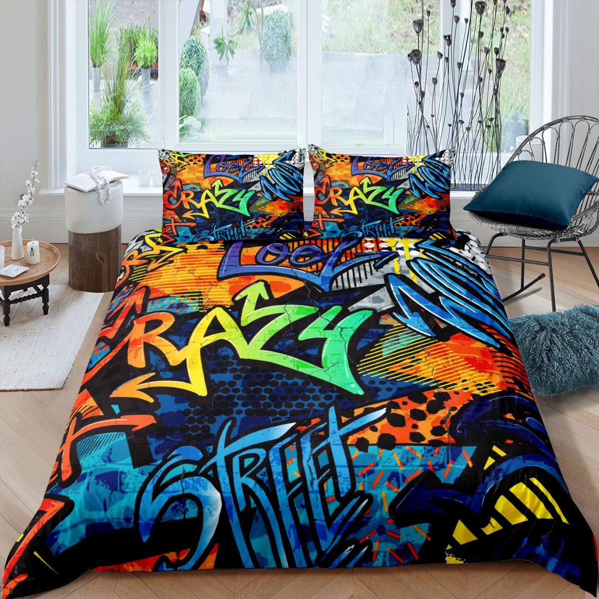 Juego de Ropa de Cama Estilo Graffiti Hippie de Hip Hop,Funda de edredón niños niñas,de Graffiti,colección Street Culture,2 Piezas,Individual