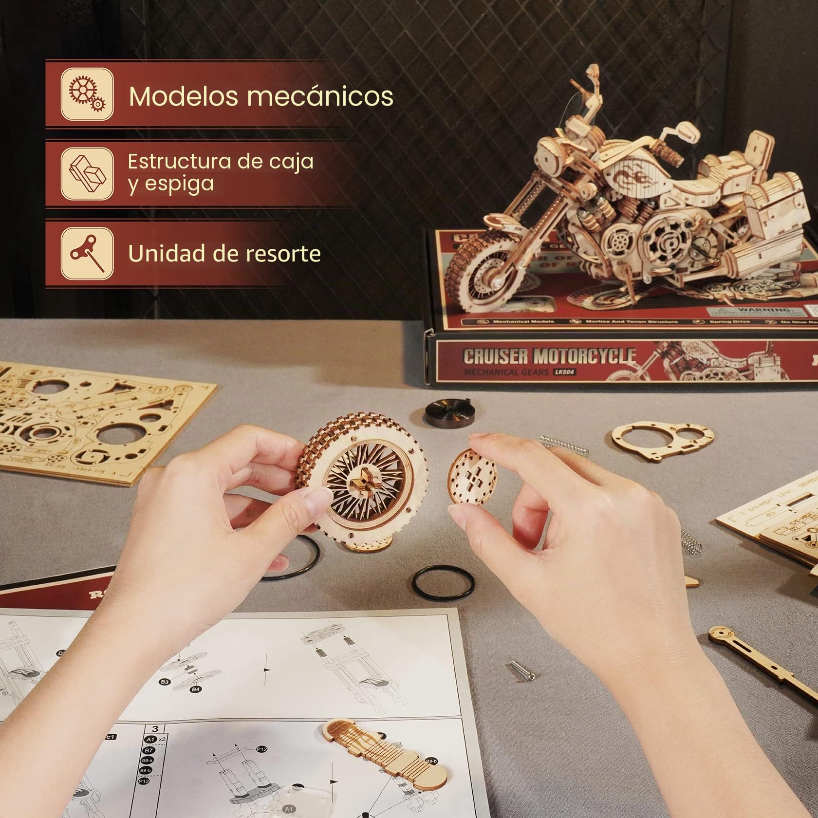 ROKR Puzzle 3D Madera Adultos Maquetas de Madera para Construir Engranajes Mecánicos Motocicleta de Crucero, Cruiser Motorcycle