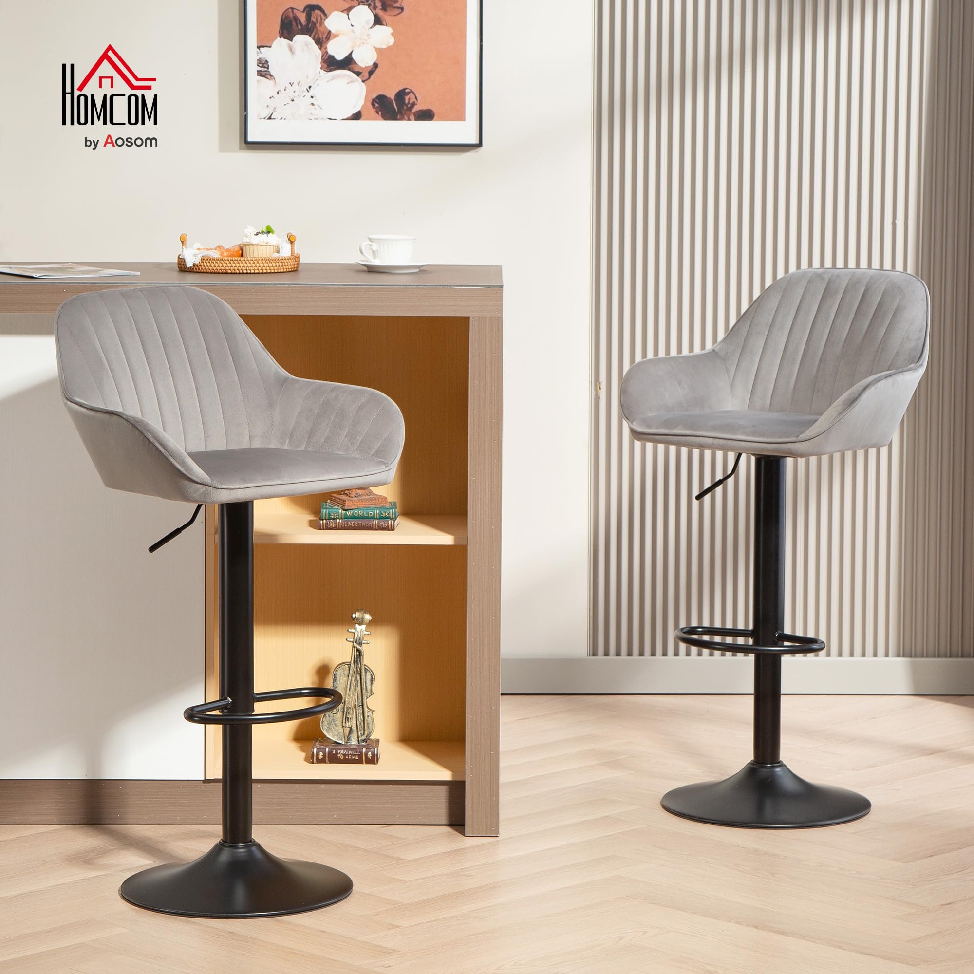 HOMCOM Lot de 2 Tabourets de Bar en Velours Dossier Repose-Pieds Gris