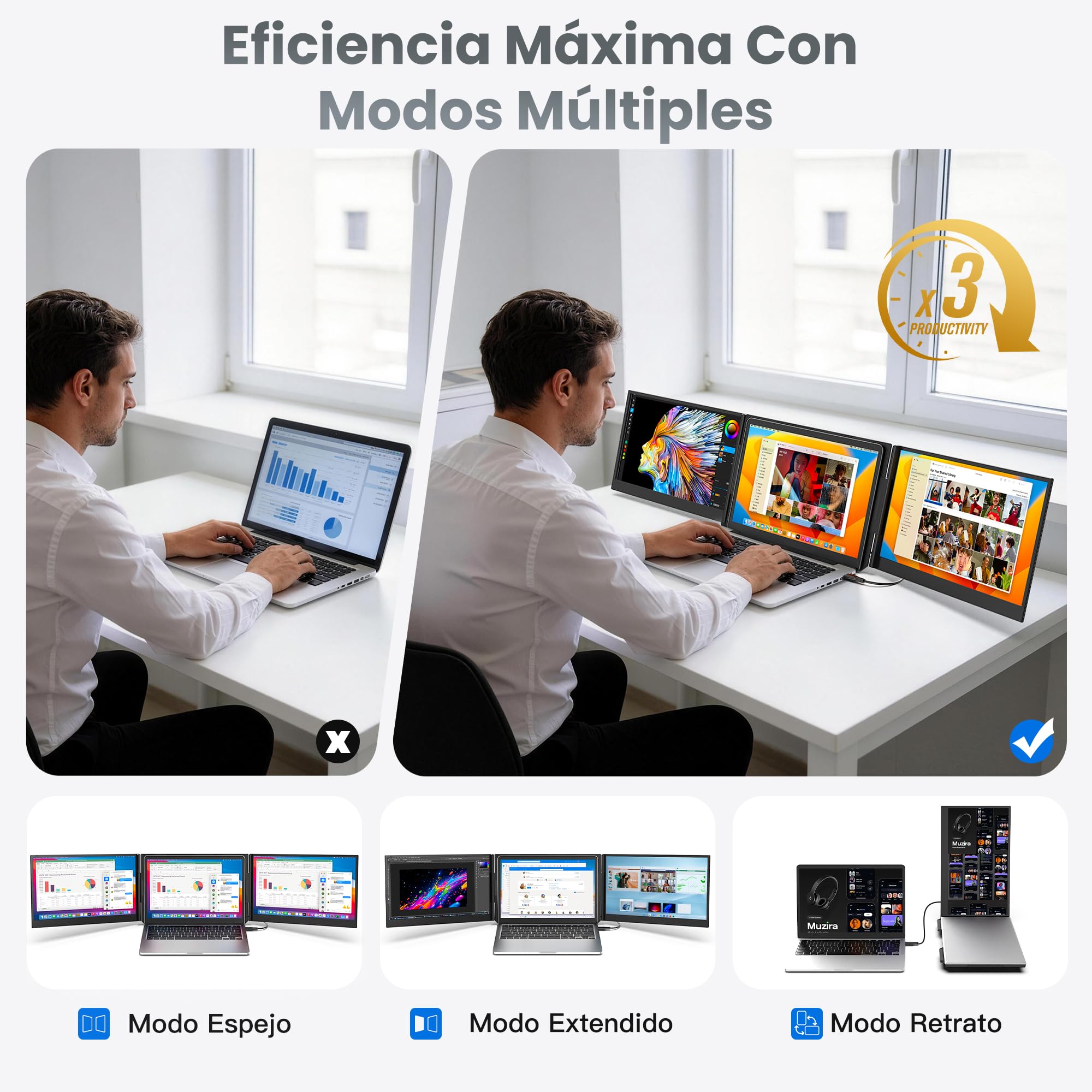 Kwumsy Monitor Portátil 15,6 Pulgadas, Triple Pantalla para Portátil, Plug & Play con un Solo Cable USB-C, Extensor de Pantalla FHD 1080P IPS, Compatible con Portátiles de 13 a 17,3", Mac y Windows