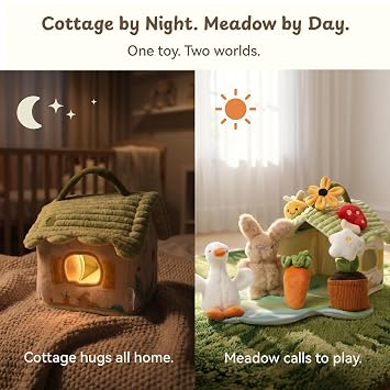 let's make Baby Sensory Toy 6-12 Months, 2-in-1 Cottage Playset with Stuffed Bunny Goose Bee, Crinkle Squeak Rattle Soft Barn, Montessori Toys Travel for Infants, Baby Gifts for Boys 1 Year Girls
