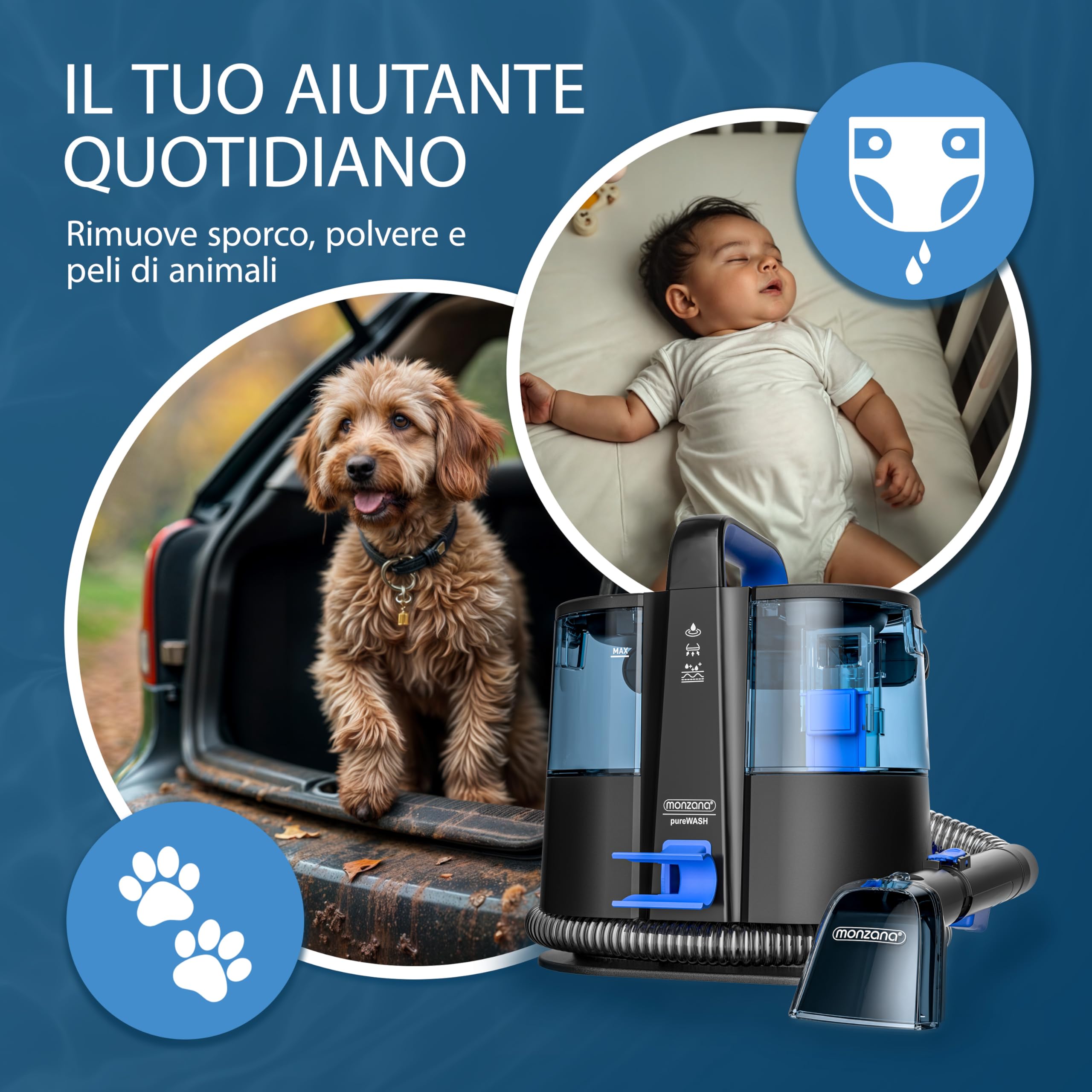 MONZANA Lavatappeti Aspirapolvere Tappeto Lava Divano Moquette Auto con Doppio Serbatoio Aspira Liquidi Pulisci Tappezzeria Tubo da 1,2 m Raggio d´Azione 5,5 m