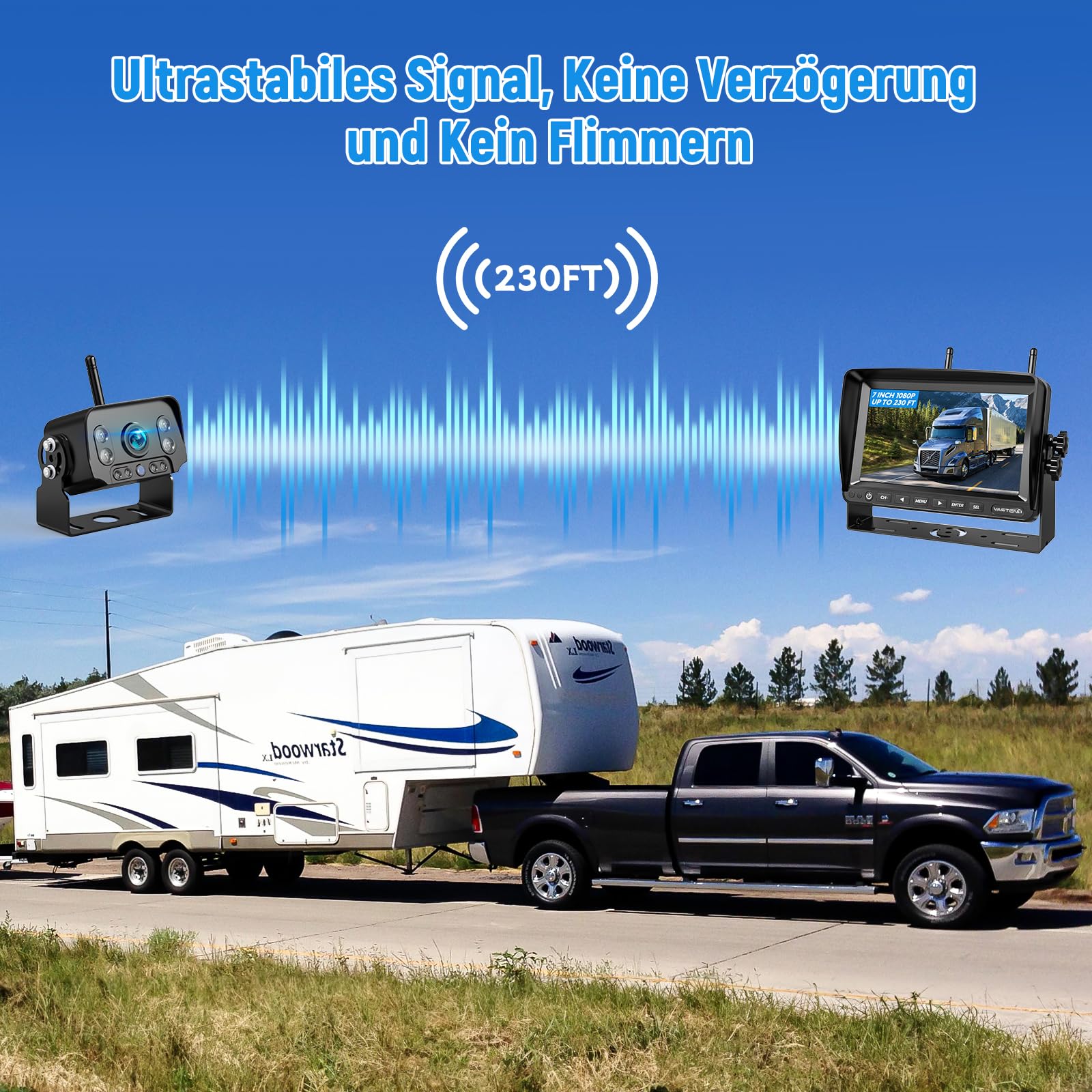 Rückfahrkamera Kabellos, 7 Zoll Monitor Drahtlose Rückfahrkamer, 1080P Rückfahrkamera Funk mit IP69 Wasserdichter, Stabiles Signal, für Wohnwagen, LKW, Auto, Wohnmobil(VE-7A)