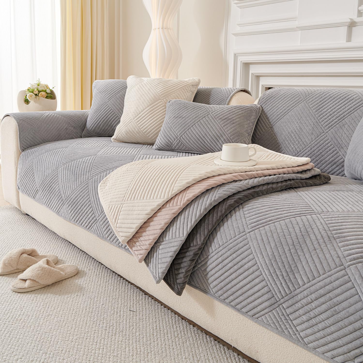 Furnestorica Sofabezug Vollschutz rutschfest waschbar, 1/2/3/4 Sitzer, Universal für L-förmige U-Ecke Sofa