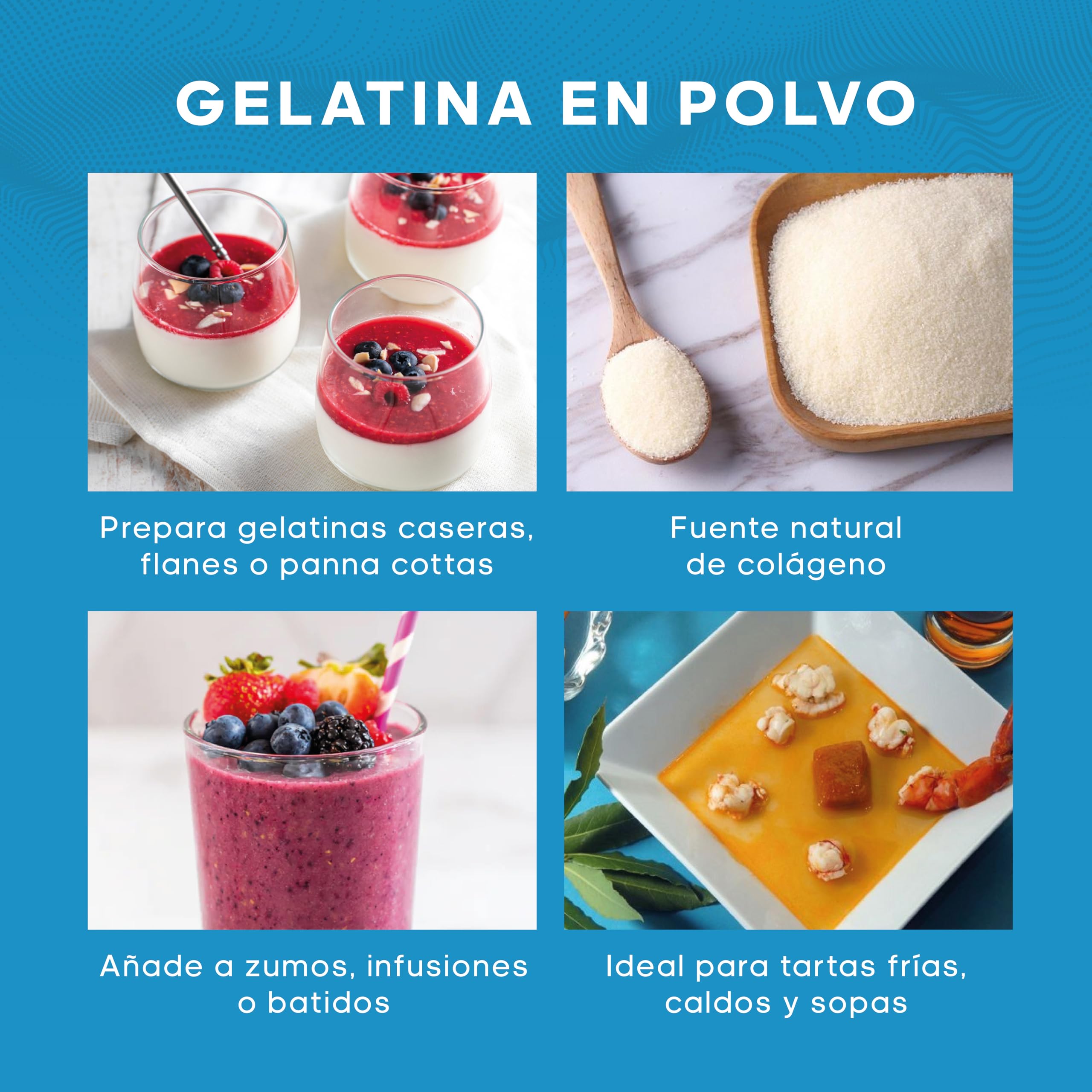 Gelatina en Polvo 1 kg, Sin Sabor, 220 Bloom, 100% Pura, Alta en Proteínas, Fácil de Disolver, Ideal para Repostería, Postres, Batidos, Caldos y Sopas (1Kg)