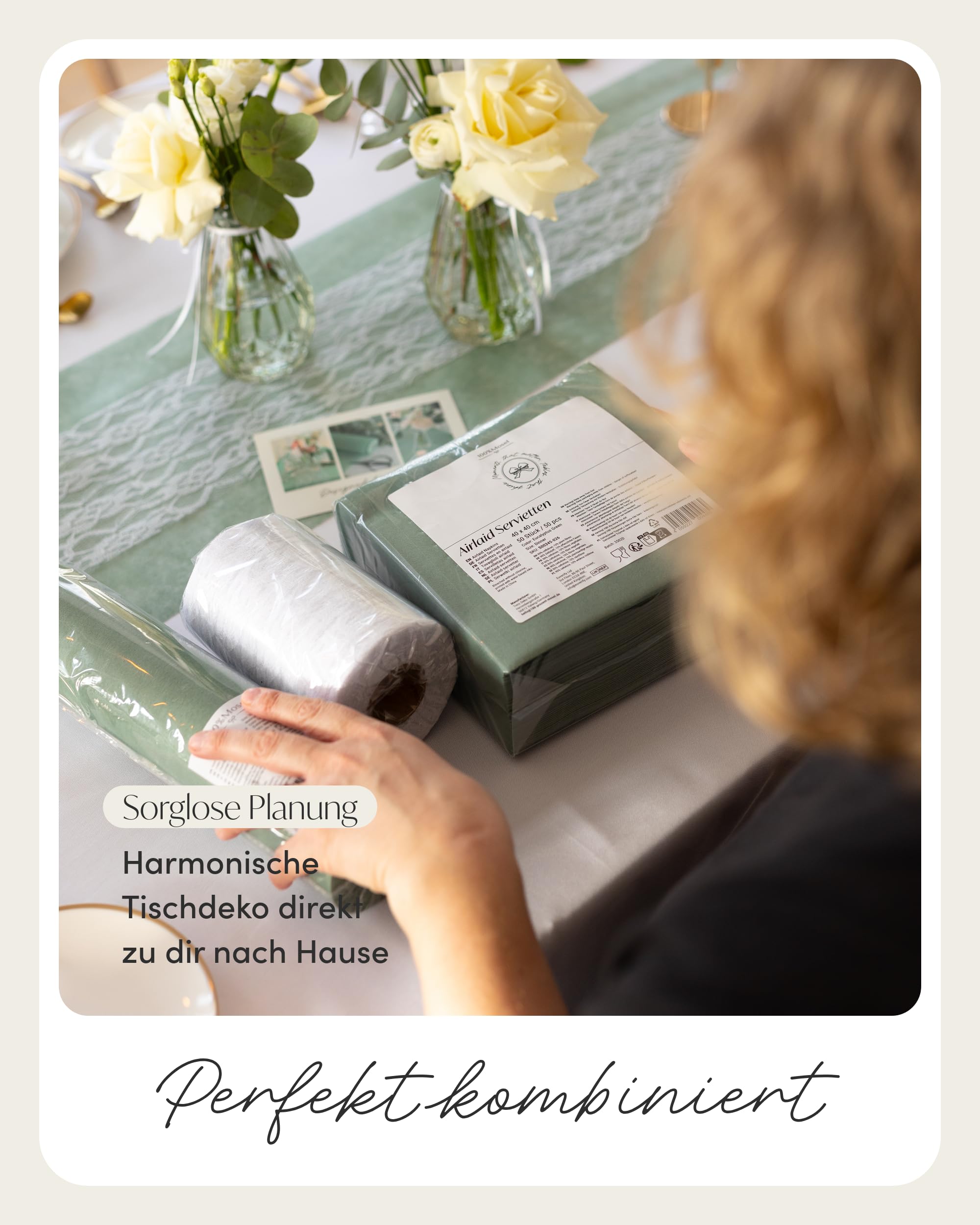 100% Mosel Tischdeko-Set – Eukalyptus Grün & Weiß (25–50 Gäste) Tischläufer aus Vlies & Spitze mit Airlaid Servietten – praktisches Komplettset für Anlässe wie Hochzeit, Taufe, Kommunion