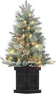 GarveeHome 3ft Small Christmas Tree Pre-Lit Artificial Christmas Tree with 78 Led Lights, Snow Flocked Xmas Tree with Brown Base, Timer Function, Battery Operated, for Home Christmas Decor