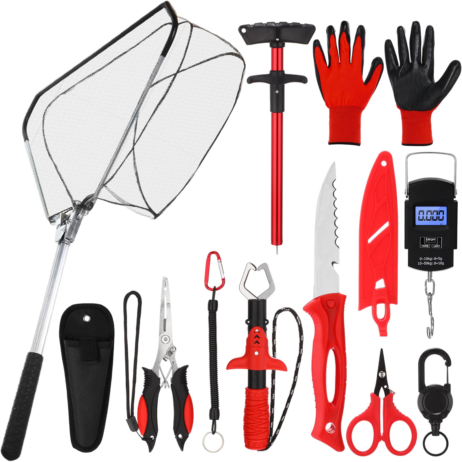 RoundFunny 10 Pcs Fishing Tool Kit, Fishing Pliers with Lanyard and Protective Sheaths, Landing Net, Fillet Knife, Fish Scale, Gripper, Hook Remover, Braid Scissors, Gloves for Men Dad Gift