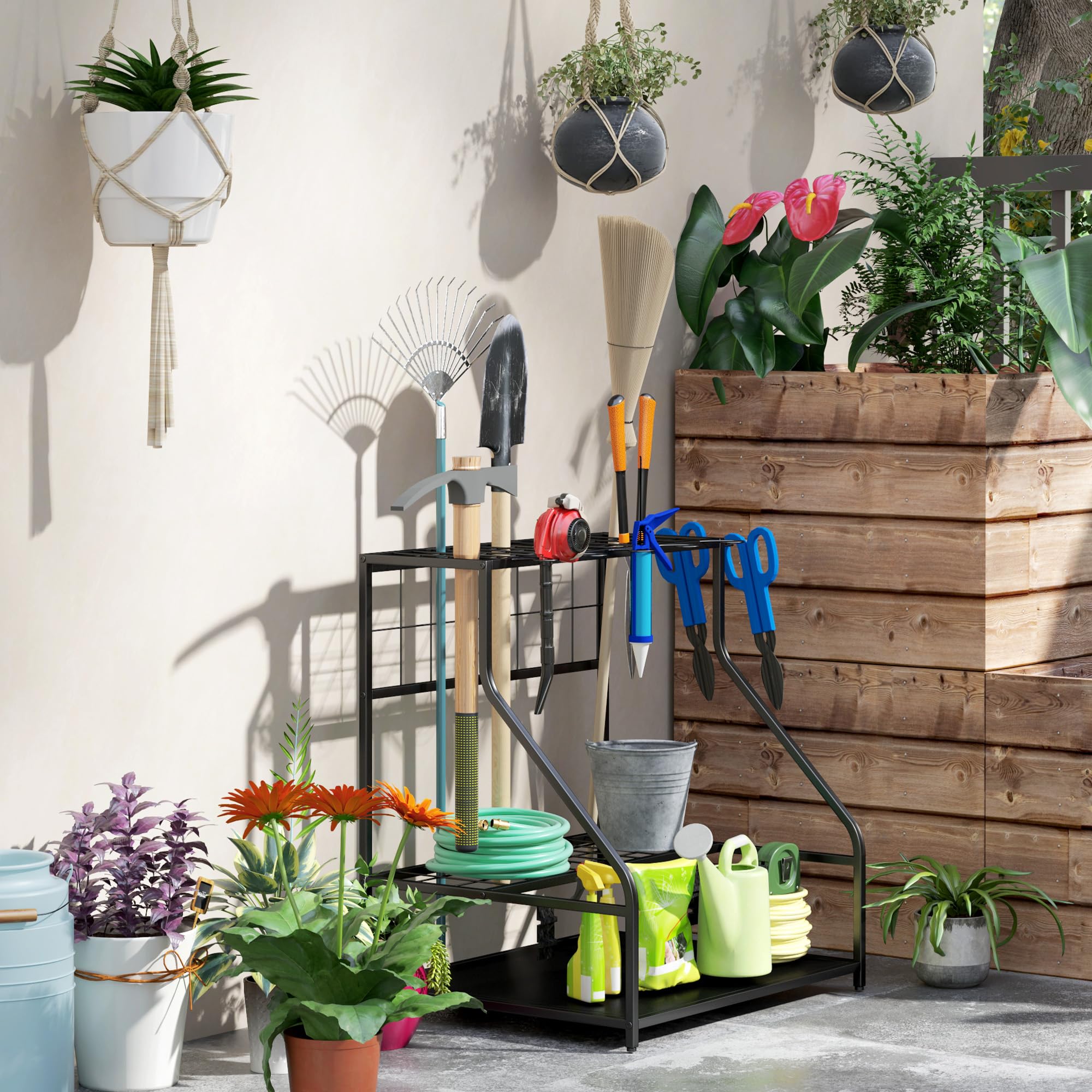 Outsunny Organiseur d'Outils avec Crochets, Support de Garage à 3 Niveaux pour Sécateurs, Pelles, Râteaux, Jardin et Garage Orange