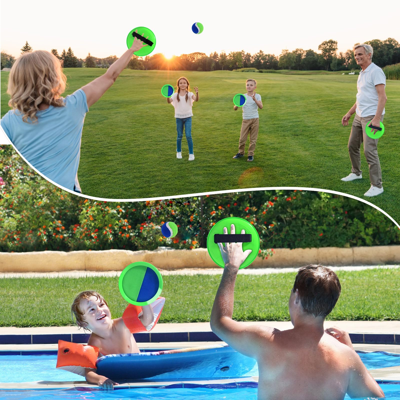 Juego de pelotas de lanzar y atrapar, pelota de atrapar y lanzar para niños, grandes juegos de playa/juegos de patio trasero/juego al aire libre para niños y familia (2 paletas, 2 pelotas) 6