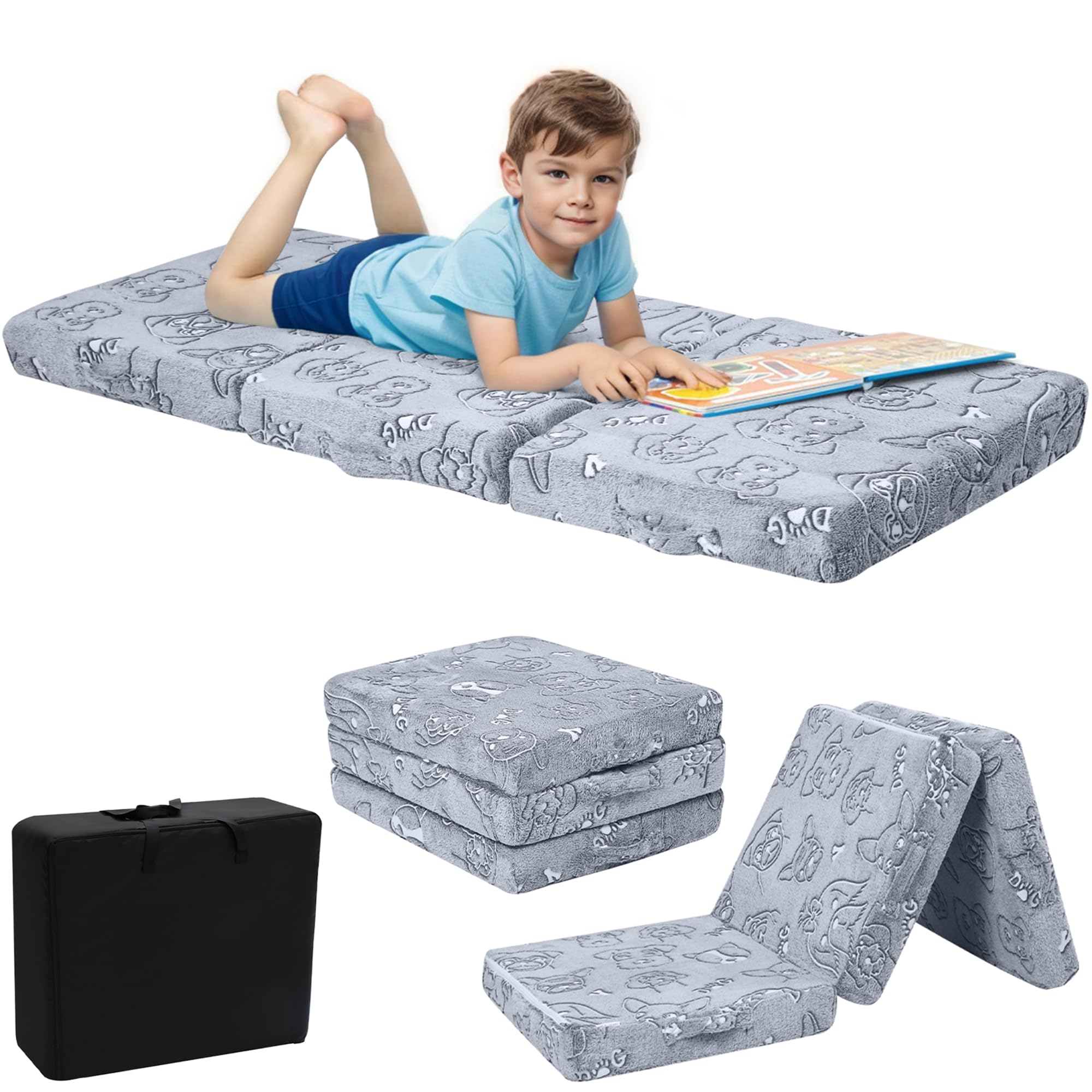 MeMoreCool Glow-in-The-Dark Dog Foldable Floor Mattress for Kids, Trifold Nap Mat for Toddlers, Portable Daycare Sleeping Futon or Floor Bed, 57x22