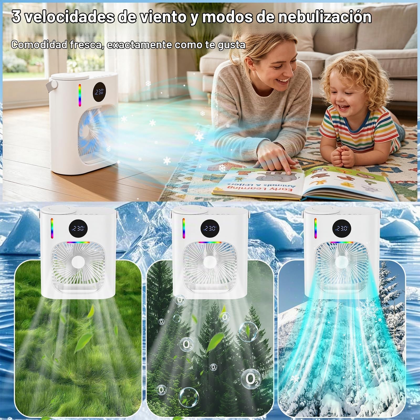 Aire Acondicionado Portatil de 900ML,4 en 1 Mini Refrigerador de Aire Móvil Ventilador,USB Mini Enfriador de Aire con 3 Velocidades Luz RGB para Dormitorio y Espacios Pequeños
