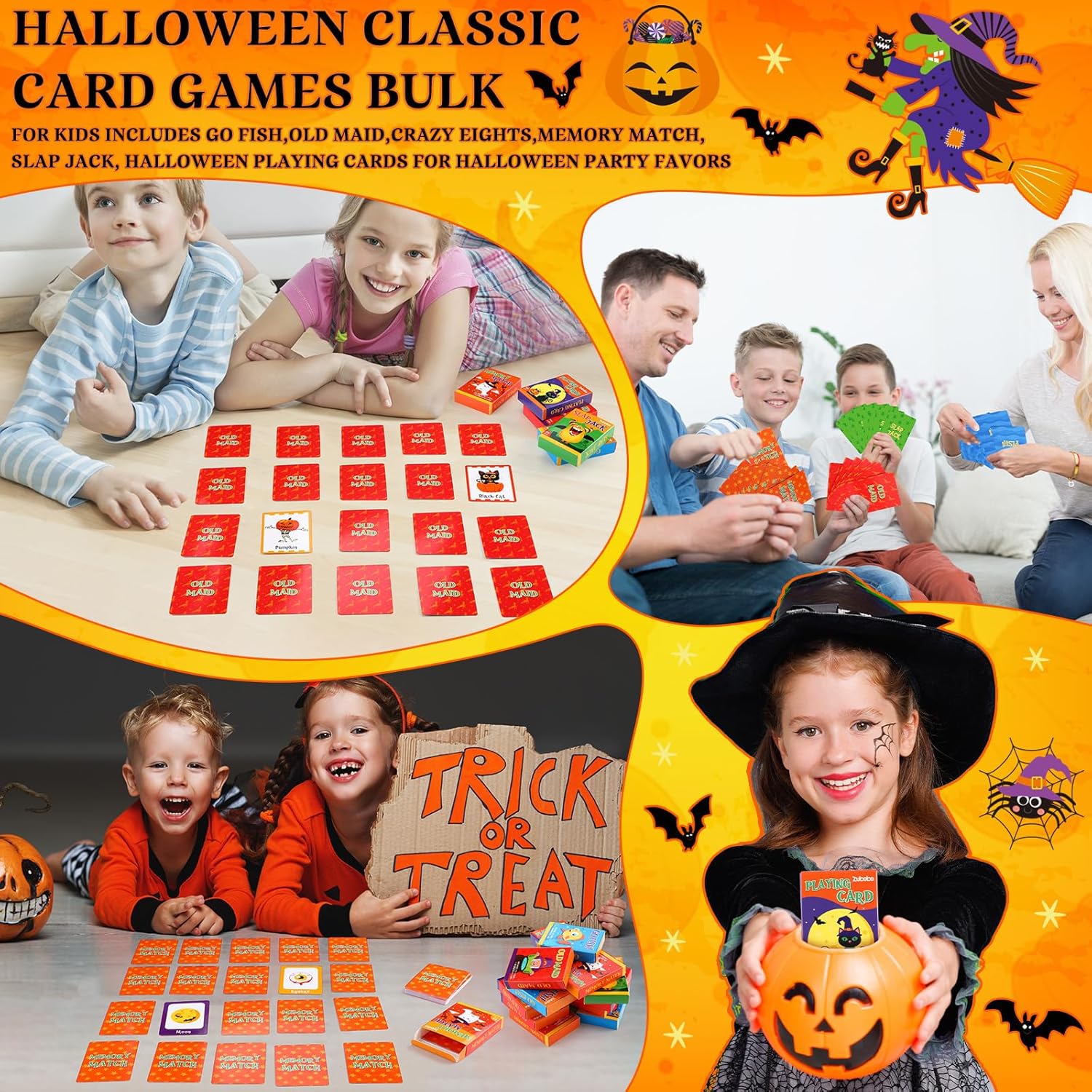 Zubebe 24 Pack Halloween Kids Card Games Bulk 6 in 1 Classic Playing Card Game Set for Kids Includes Go Fish, Old Maid, Crazy Eights, Memory Match, Slap Jack, Playing Cards for Halloween Party Favors
