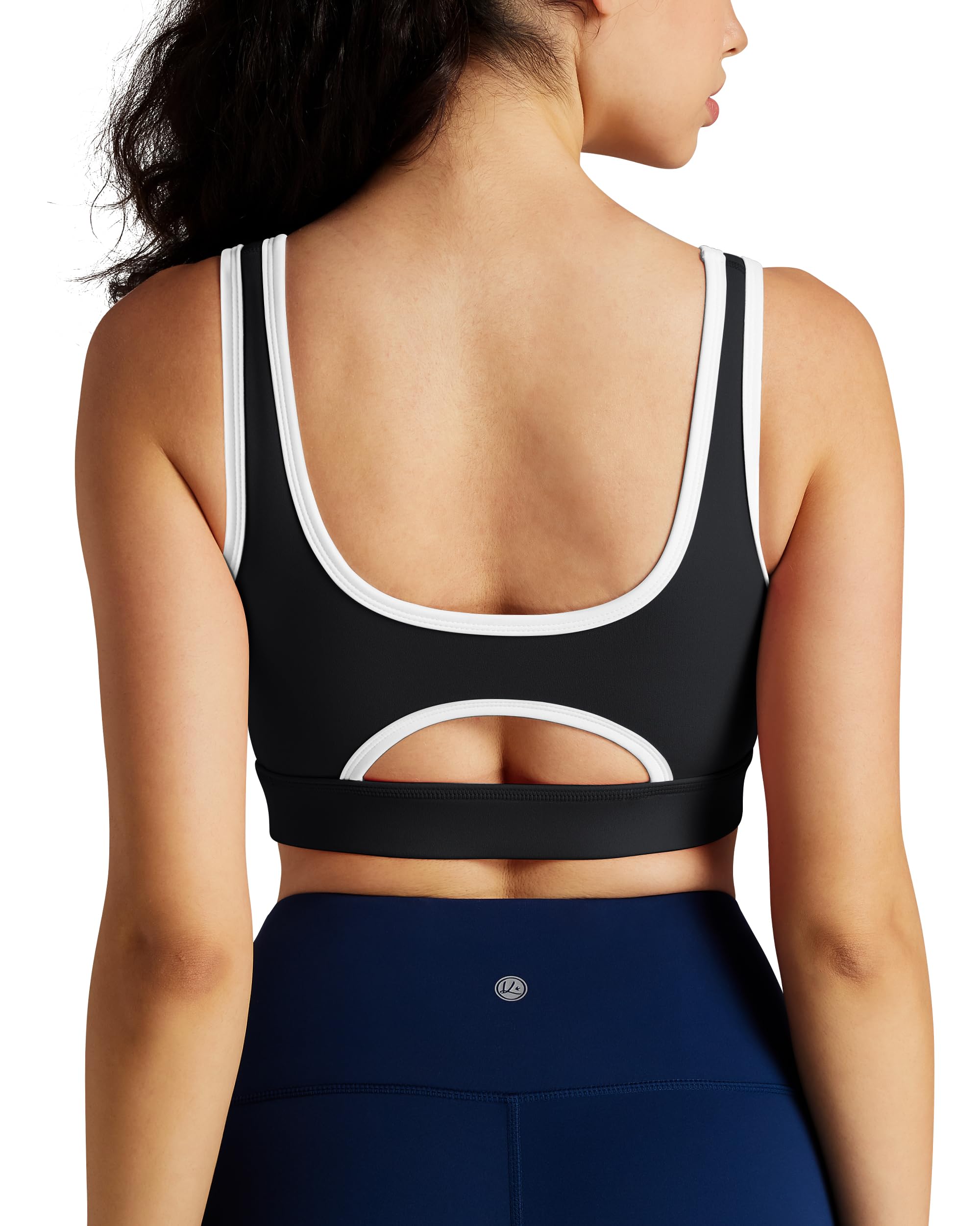 QUEENIEKE Piping Trim Sports Bras for Women - Padded Slim Fit Medium Impact Workout Crop Tank Top Scoop Neck Yoga Bra (Black, Medium)