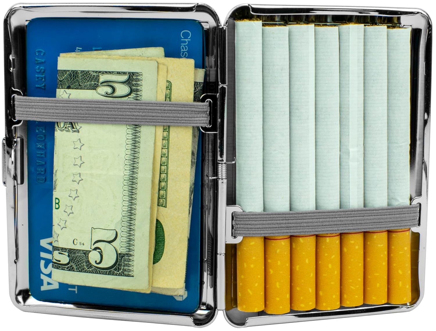 Set of 2 Compact Metal-Plated King Size Cigarette Case with Elastic Bands (Silver Rings)