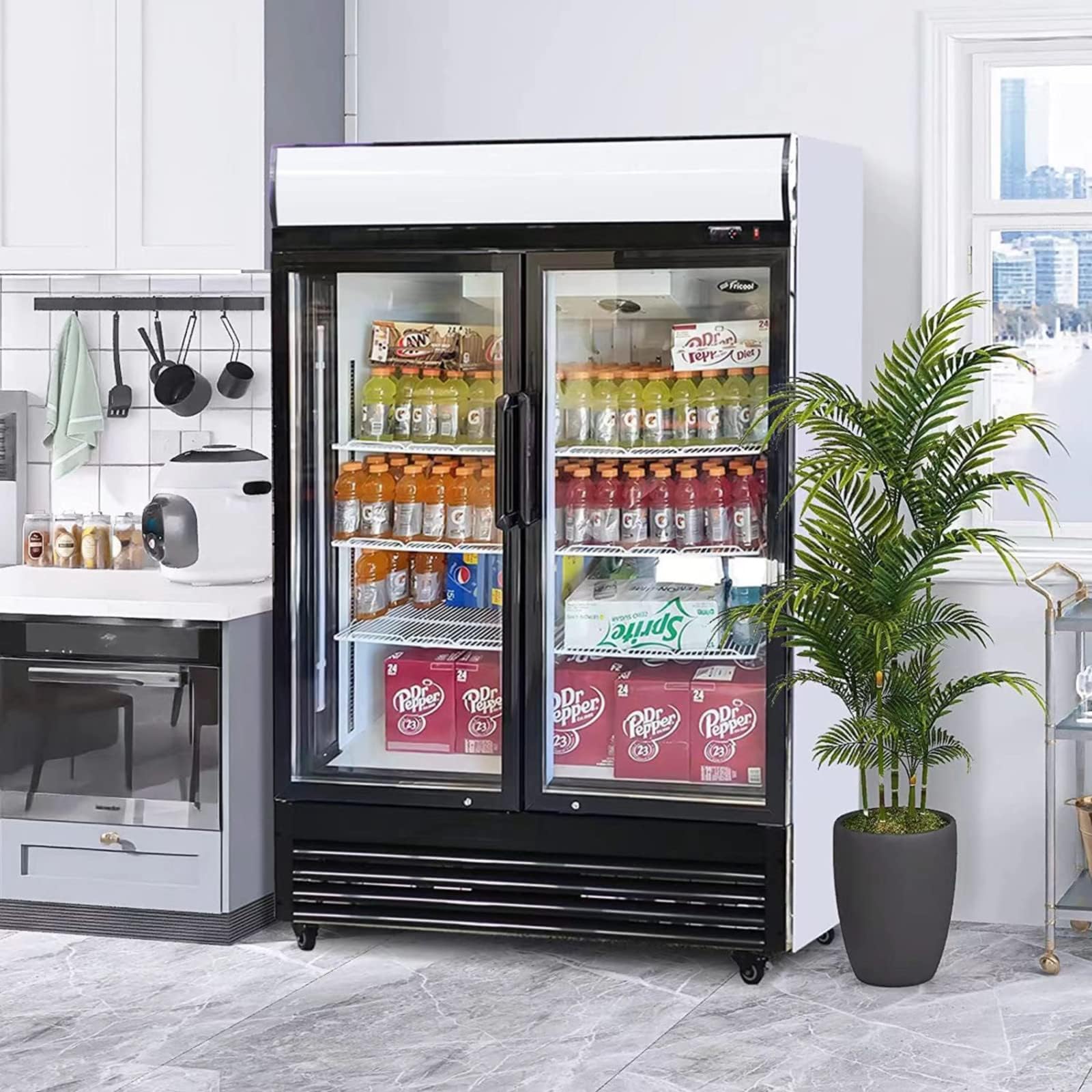 Fricool Merchandiser Refrigerator With 2 Glass Doors, 31 Cu Ft Beverage Display Cooler, Upright Fridge With LED Lighting, Adjustable Shelves For Beverages, Beer And Drinks, Swing Door, Black on Fridge.com - View 3