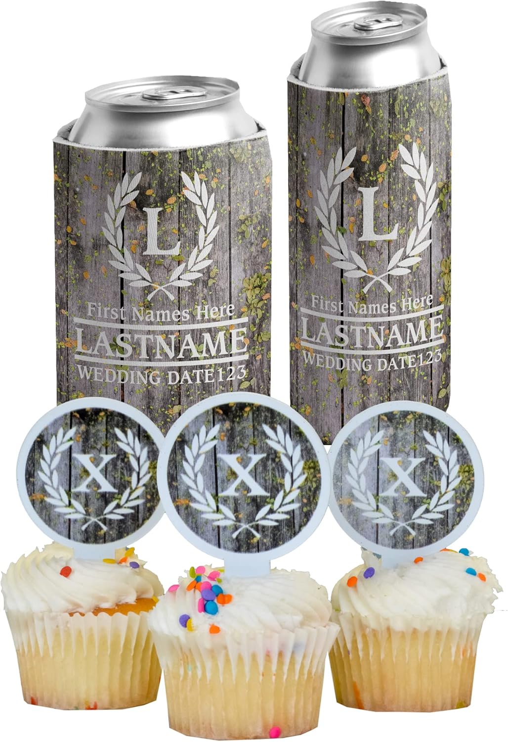 VictoryStore Wedding Favor Bundle, Standard & Skinny Can Coolers, and Plastic Cupcake Toppers, Laurel and Initial Bundle (100 Cupcake Toppers, 50 Standard & 50 Slim can Coolers)