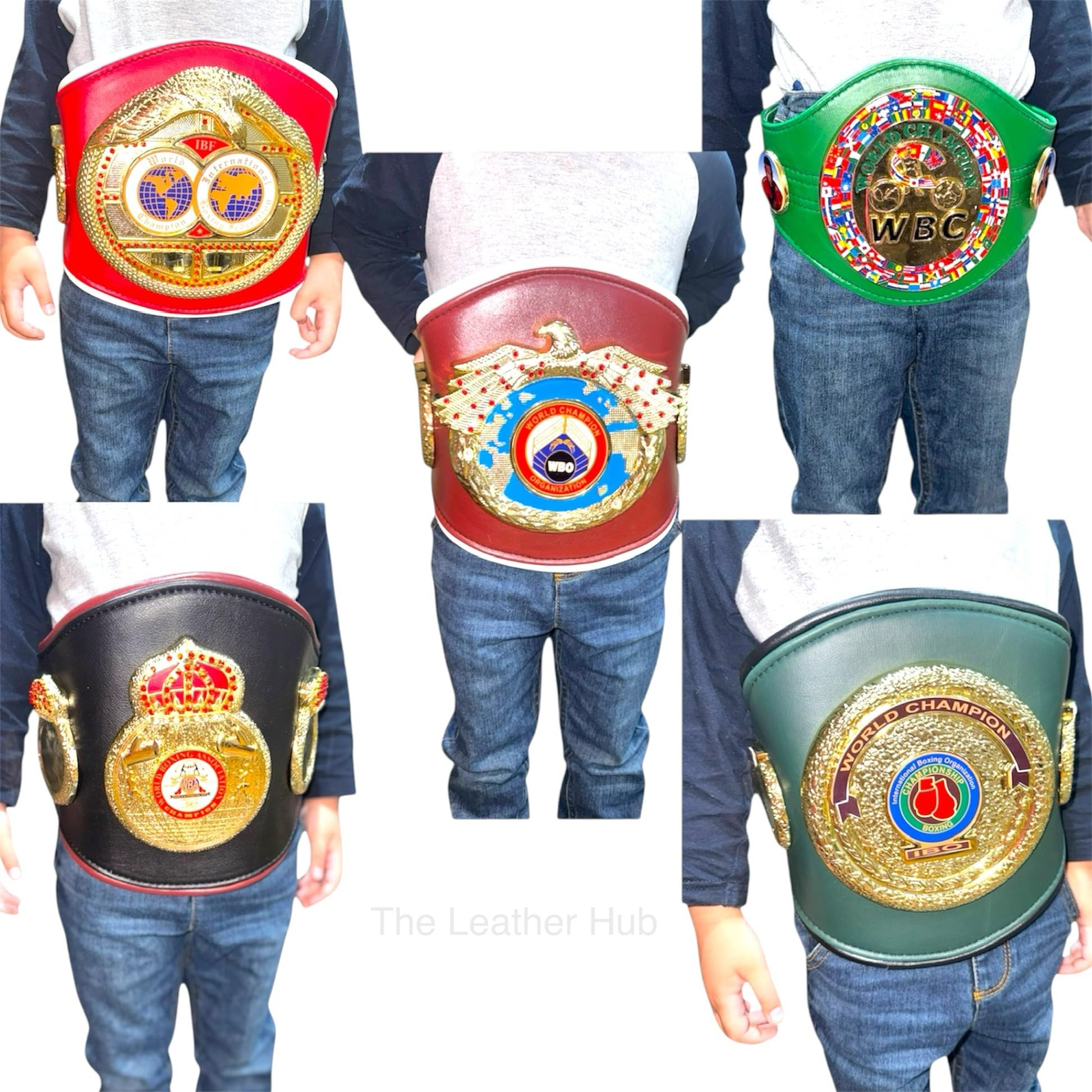 Cinturones de campeonato de boxeo para niños, WBC, WBA, IBF, WBO, IB, cinturón de cuero ajustable con placas de metal cromado pesado, cinturón de trofeo de campeón para niños, exhibición y