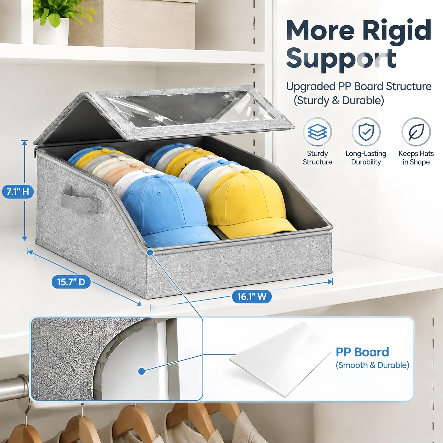 Hat Storage for Baseball Caps, Baseball Cap Organizer Holds 24 Caps, Stackable Hat Storage Box with Clear Window, Large Cap Organizer for Closet, Dustproof Hat Box with 2 Handles, 16.1 x 15.7 x 7.1