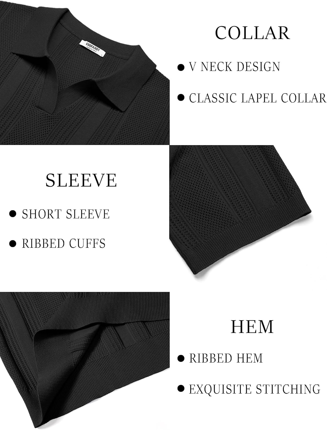 COOFANDY Mens Knit Polo Shirts V Neck Textured Polo Shirts Short Sleeve Breathable Polo Casual Collared T Shirt Fashion Tops - Image 6