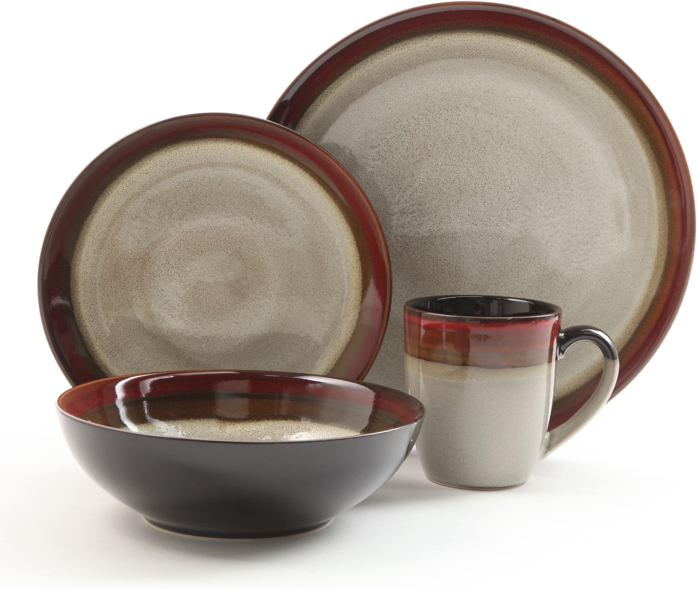 Gibson Elite Couture Bands Round Reactive Glaze Stoneware Dinnerware Set, Service for Four (16pcs), Red and Cream