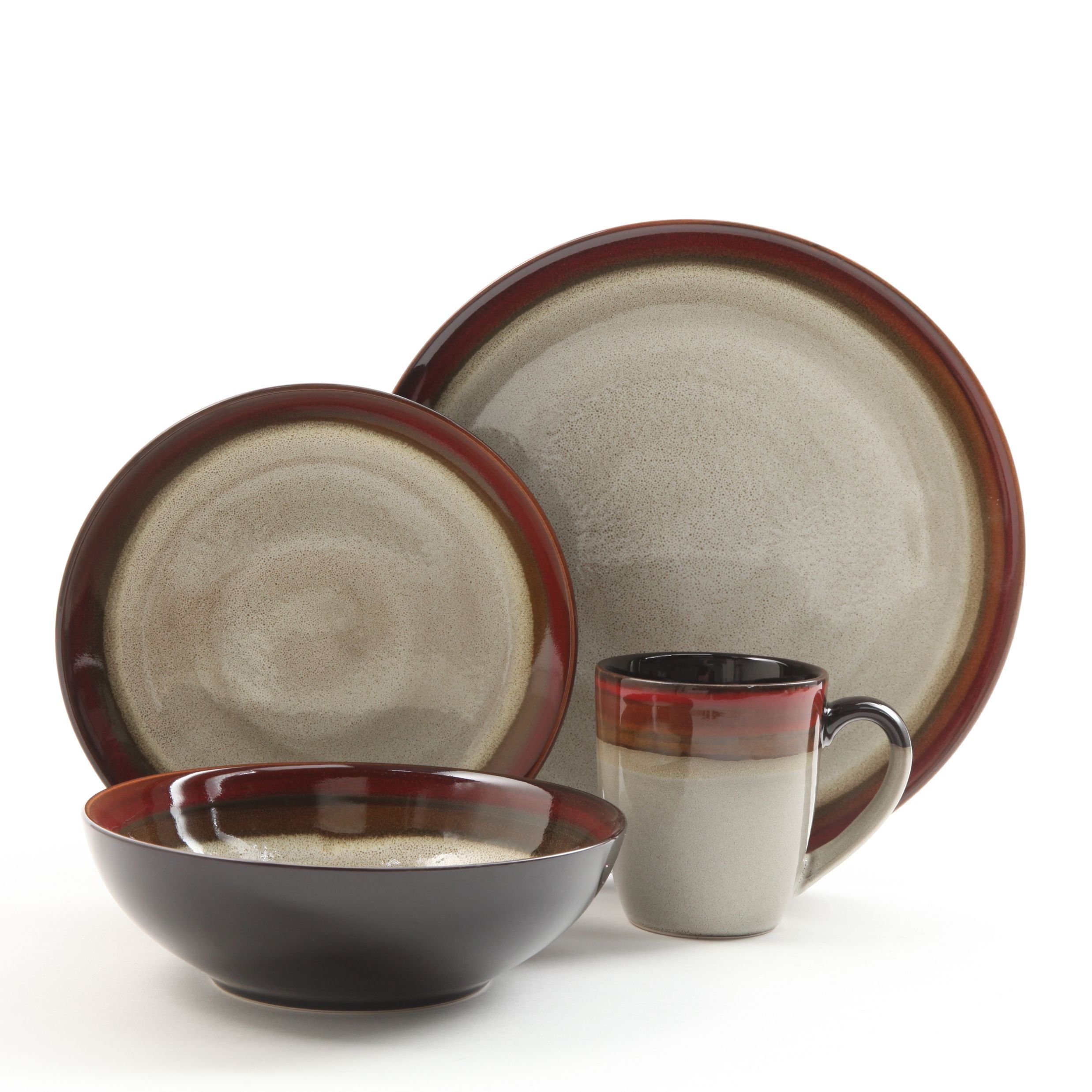 Gibson Elite Couture Bands Round Reactive Glaze Stoneware Dinnerware Set, Service for Four (16pcs), Red and Cream