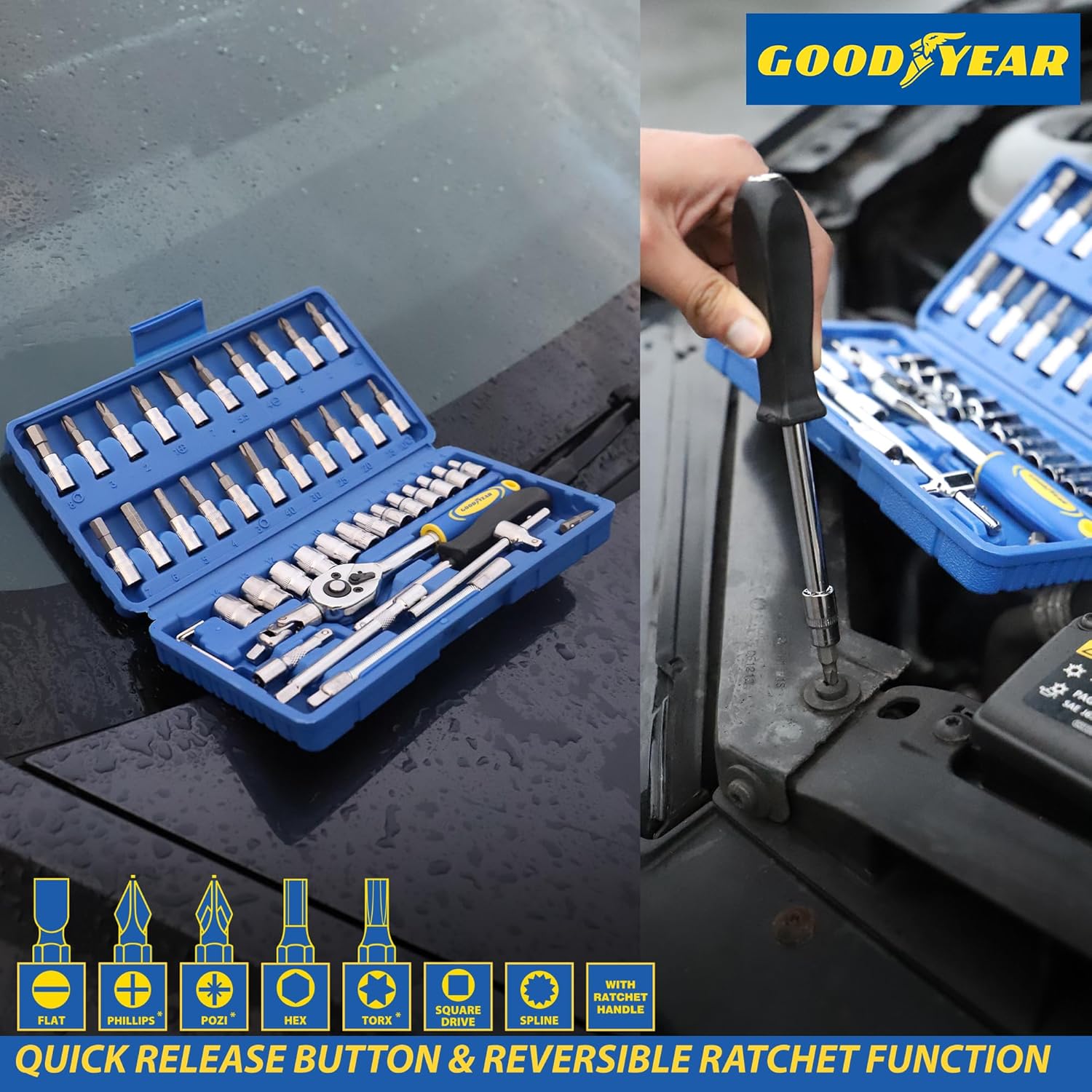 Goodyear 46-Piece 1/4" Drive Socket Set – Quick Release Ratchet, Reversible Function, Spinner Handle, Extension Bars, Adaptor & Universal Joint – Strong Grip Rounded Wall Sockets
