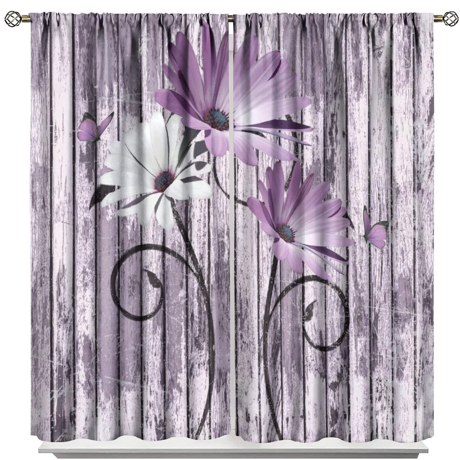 Rustic Purple Daisy Curtains for Bathroom,Farmhouse Country Floral Flower Vintage Style Room Darkening Thermal Insulated Window Curtain for Living Room Bedroom W55xL63in