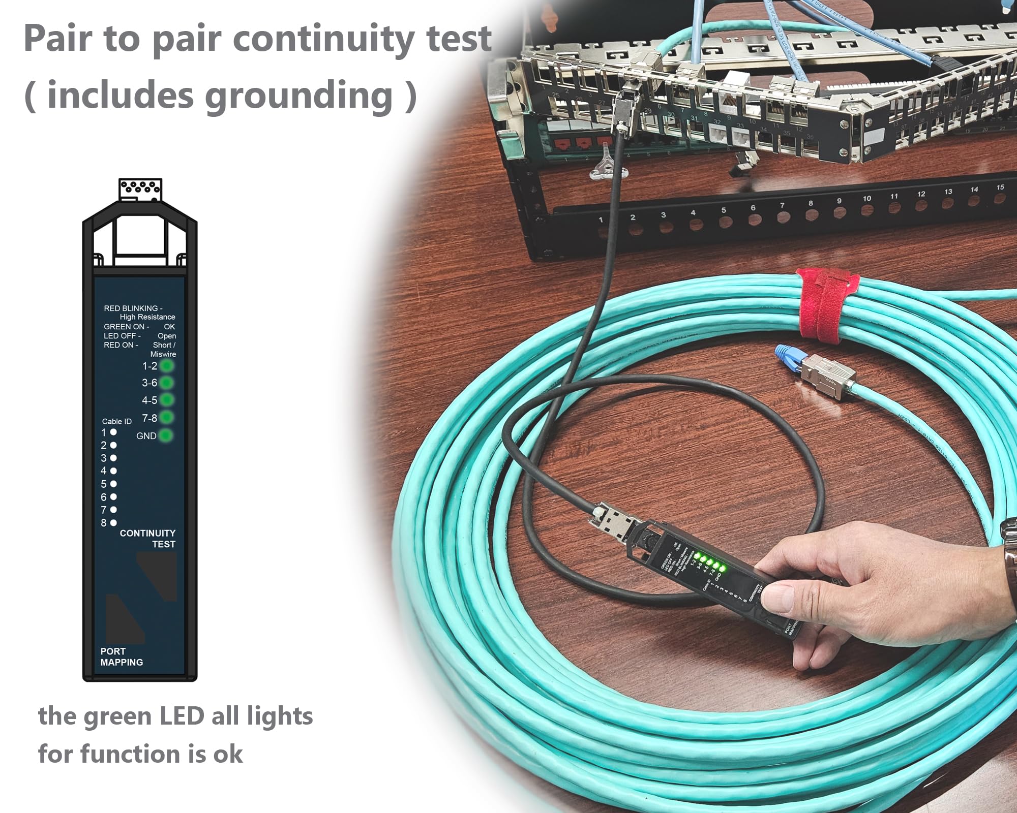 Tester per cavi di rete RJ45 3 in 1, per resistenza, continuità e mappatura delle porte, formato tascabile, per cavi UTP/STP C5e, C6, C6a, C8, con 8 identificatori di circuito