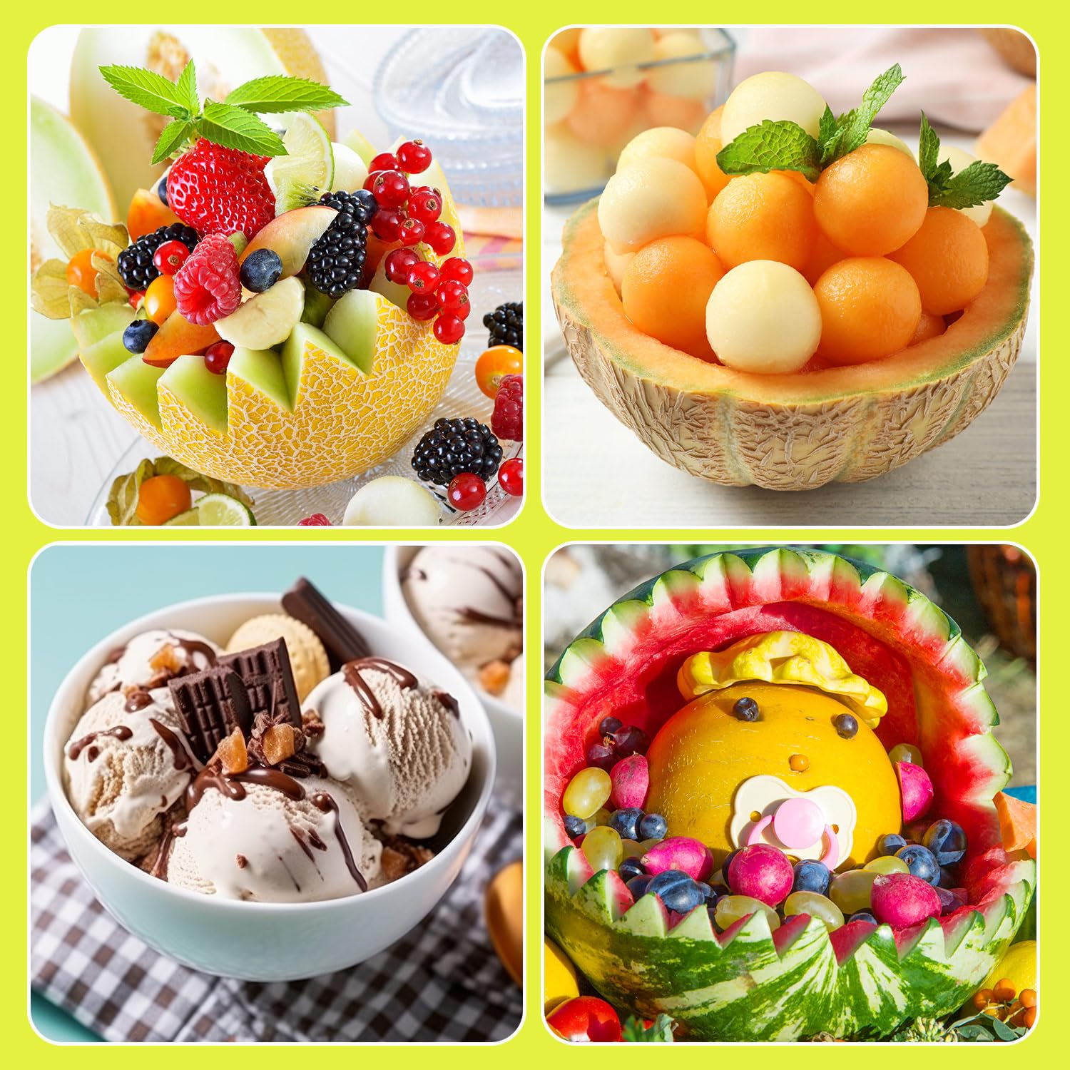 Patelai 2 Pieces Melon Baller Scoop Set, 4 in 1 Fruit Cutters Stainless Steel Watermelon Scooper and Ice Cream Baller for Dig Pulp Separator Fruit Slicer - Image 6