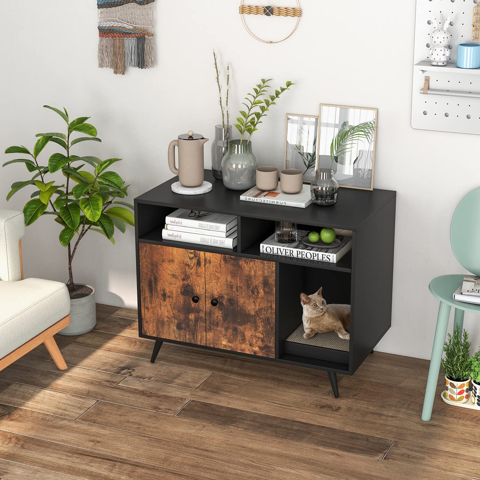 GOPLUS Caja de Arena para Gatos, Mueble Arenero Escondido con Doble Puerta, Compartimentos y Tablero Rasca, Casa de Mascotas de Interior, Lavabo Oculto para Gatos, Estilo Industrial, 90 x 50 x 70 cm