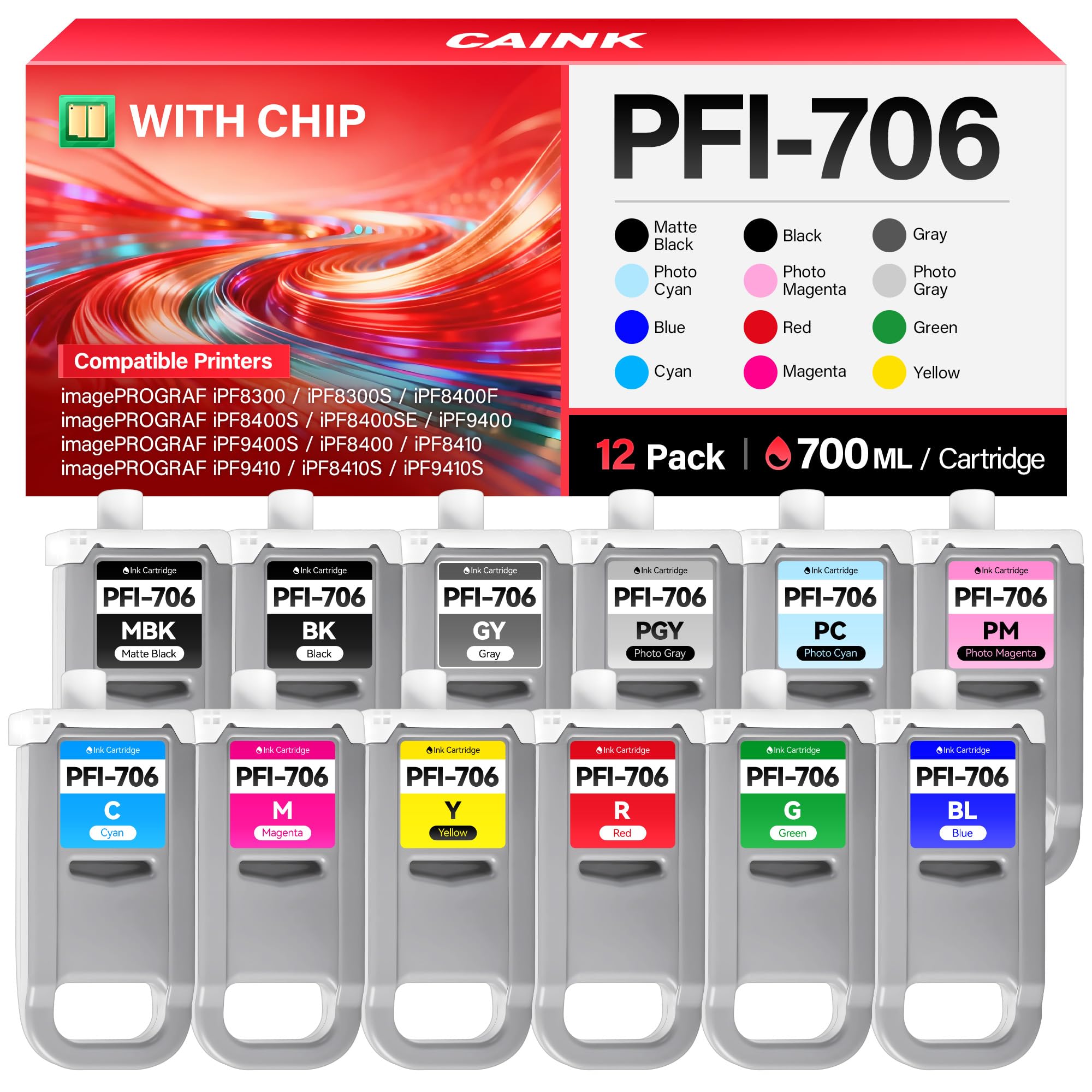 PFI-706 Pigment Ink Tank 12-Pack 700ml Ink Cartridges Compatible with Canon ImagePROGRAF iPF8300 iPF8300S iPF8400F iPF8400S iPF8400SE iPF9400 iPF9400S iPF8400 iPF8410 iPF9410 iPF8410S iPF9410S Printer
