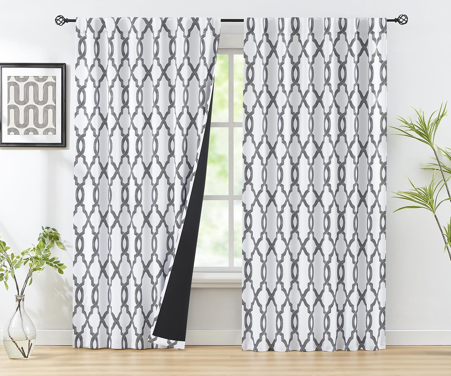 Moroccan Blackout Curtains for Bedroom, Black Lattice Print Back Tab Window Drapes for Living Room, Energy Saving Thermal Insulated Curtain Panels, Quatrefoil Window Treatments, 50x 84 2pcs Rod Pocket