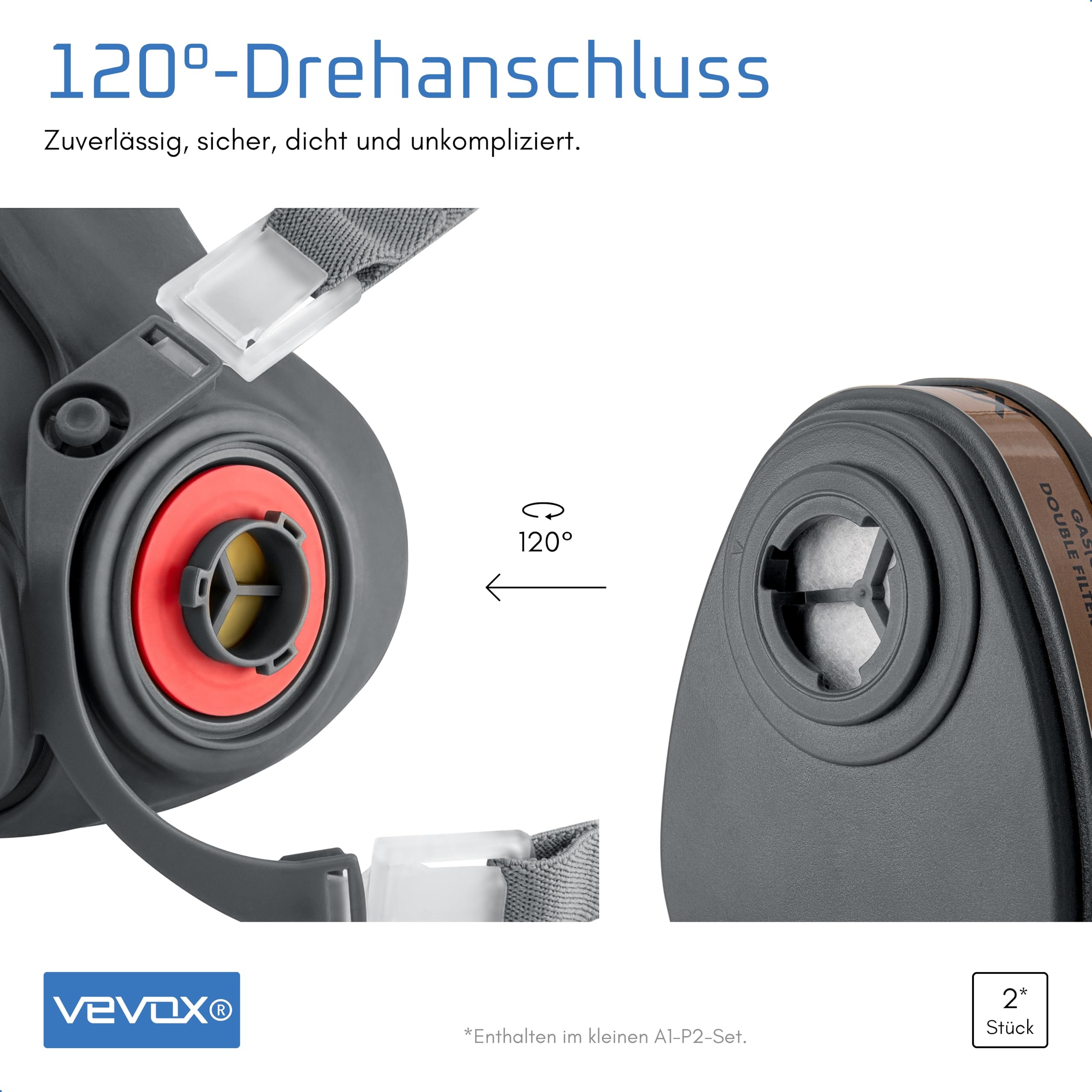 VEVOX® Atemschutzmaske – A1P2 Filter – Schutz gegen Feinstaub, Gase und Dämpfe – Zum Lackieren, Schleifen und Sanieren – Gasmaske, Staubmaske & Lackiermaske – inkl. 6x P2 und 2x A1 Filter